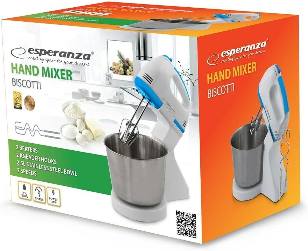 Esperanza Handmixer Mixer mit Schüssel mit 7 Geschwindigkeitsstufen, 150,00 W, 7 Stufen & Kneten, Schlagen, Rühren