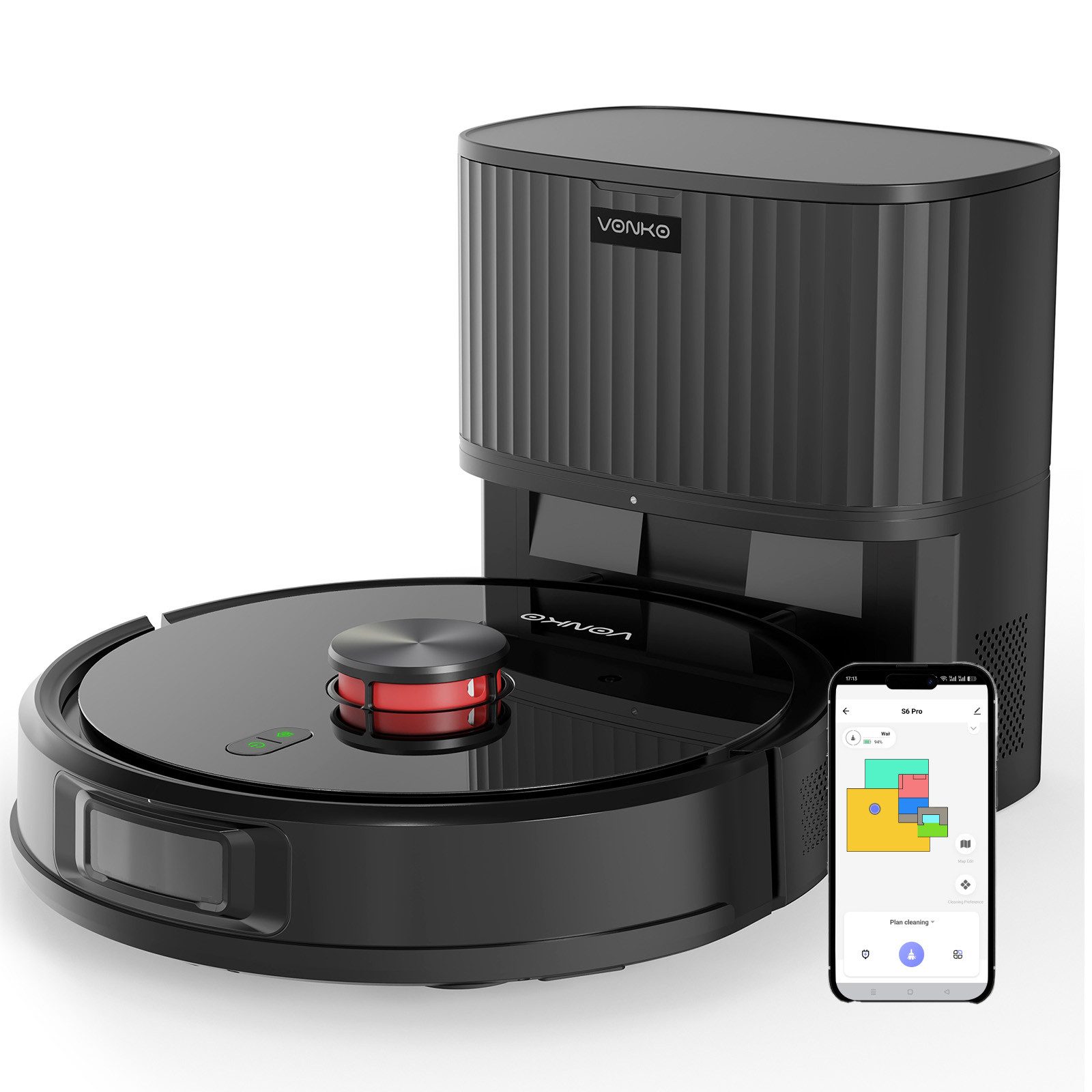 VONKO Saugroboter S6 Pro mit Absaugstation, 6000Pa Saugkraft, APP-Bedienbar, 50 W, Selbstentleerung, 4-in-1 Reinigung, 180 Min Laufzeit, LiDAR-Navigation