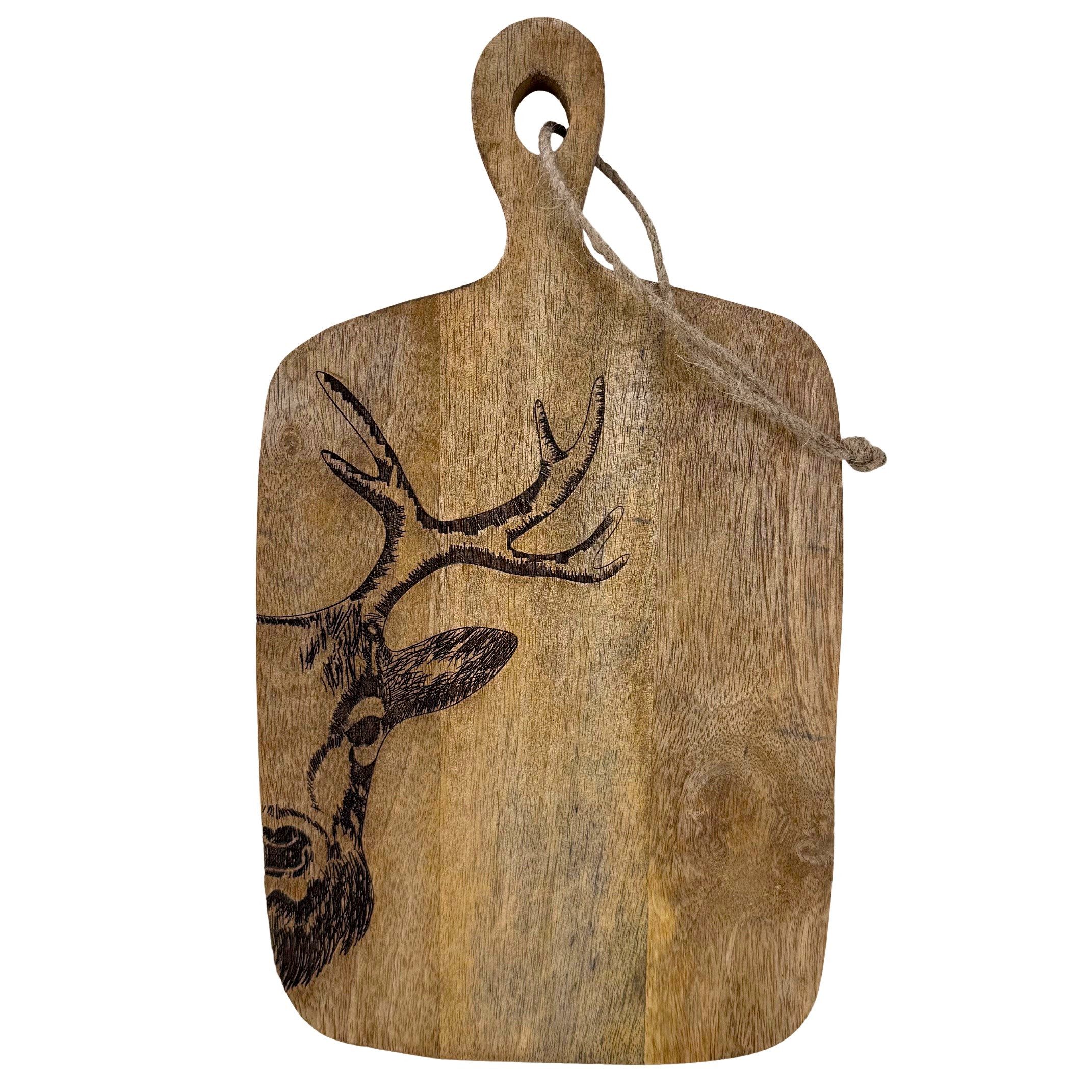 Online-Fuchs Servierbrett mit Griff oder Schneidebrett zur Dekoration in der Küche - Mangoholz, (Hirsch- oder Waldmotiv, Küchen Dekoration), Bastseil zum Aufhängen bereits angebracht