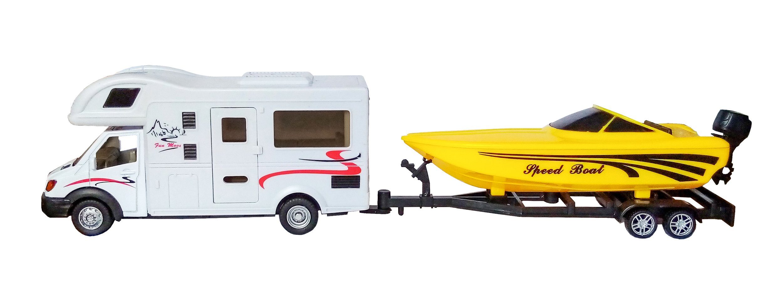 Toi-Toys Spielzeug-Bus WOHNMOBIL mit Anhänger & Schnellboot mit Rückzug 69, Camper Modell Wohnwagen Boot Bus Spielzeug Kinder