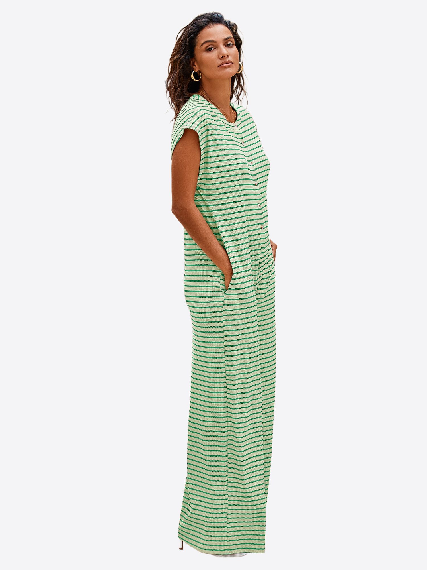 Imily Bela Jumpsuit Damen Hausanzug Homewear Gestreift Weit Bein Waffelstrick Sommer Loose (Packung, 1-tlg., 1per-Pack) mit Knopfleiste gehäkelt