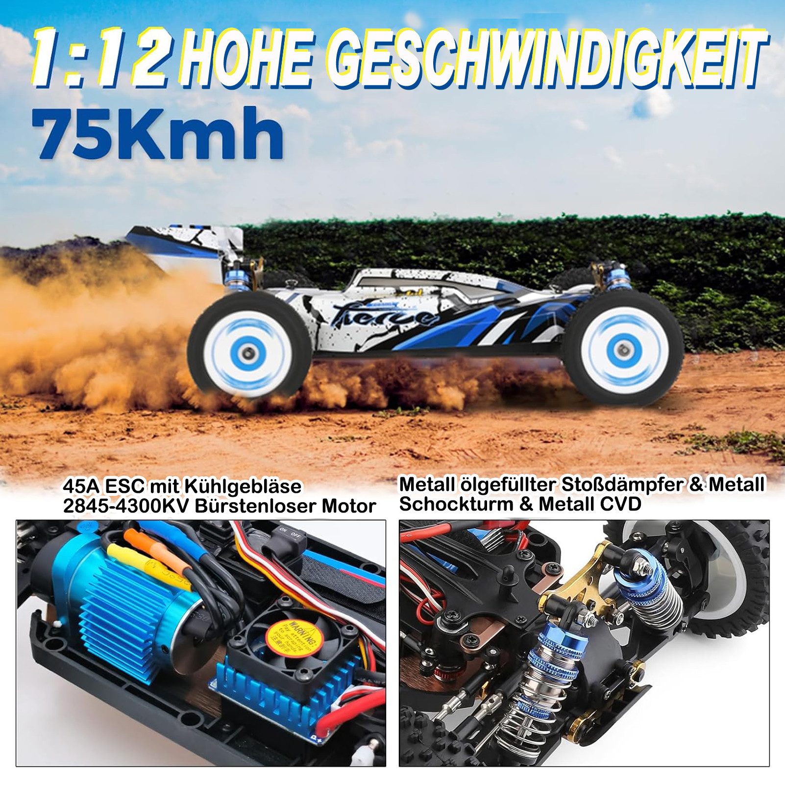 Esun RC-Auto Ferngesteuertes Auto ab 8 10 jahre,1:12 Rc Auto,75km/h (Packung, Komplettset), Kinder Auto mit Brushless Motor, Offroad rc drift car mit Akku
