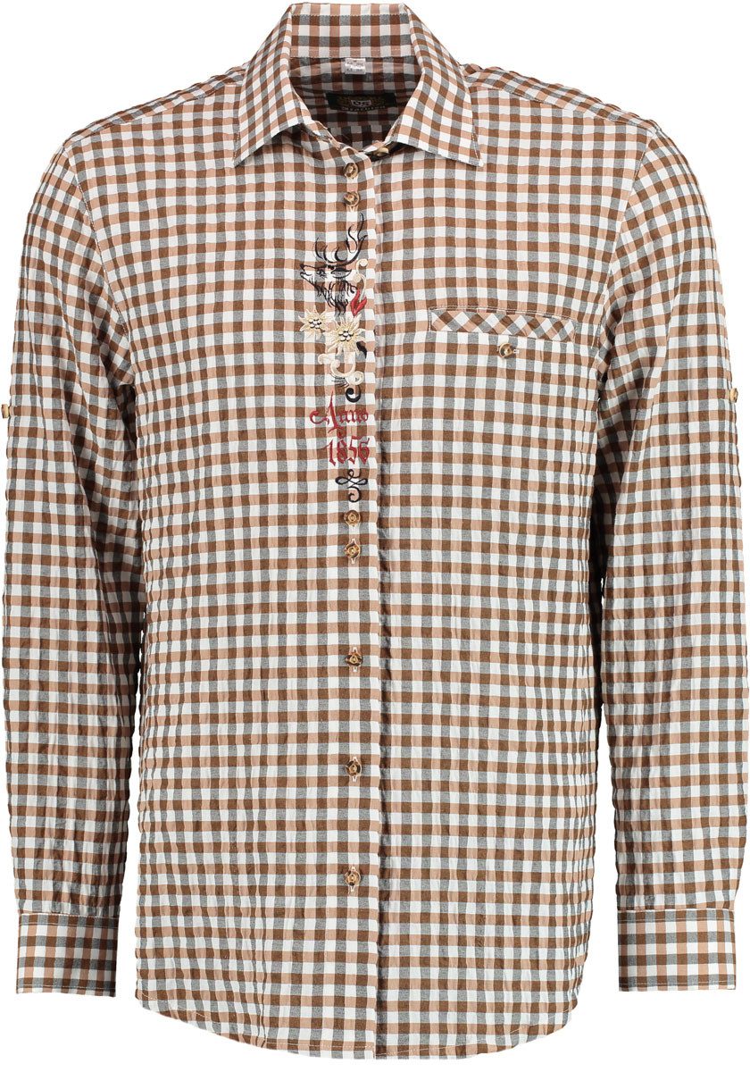 OS Trachten Trachtenhemd Megaba Regular Fit, Haifischkragen, Leistentasche, Krempelarm, Stickerei