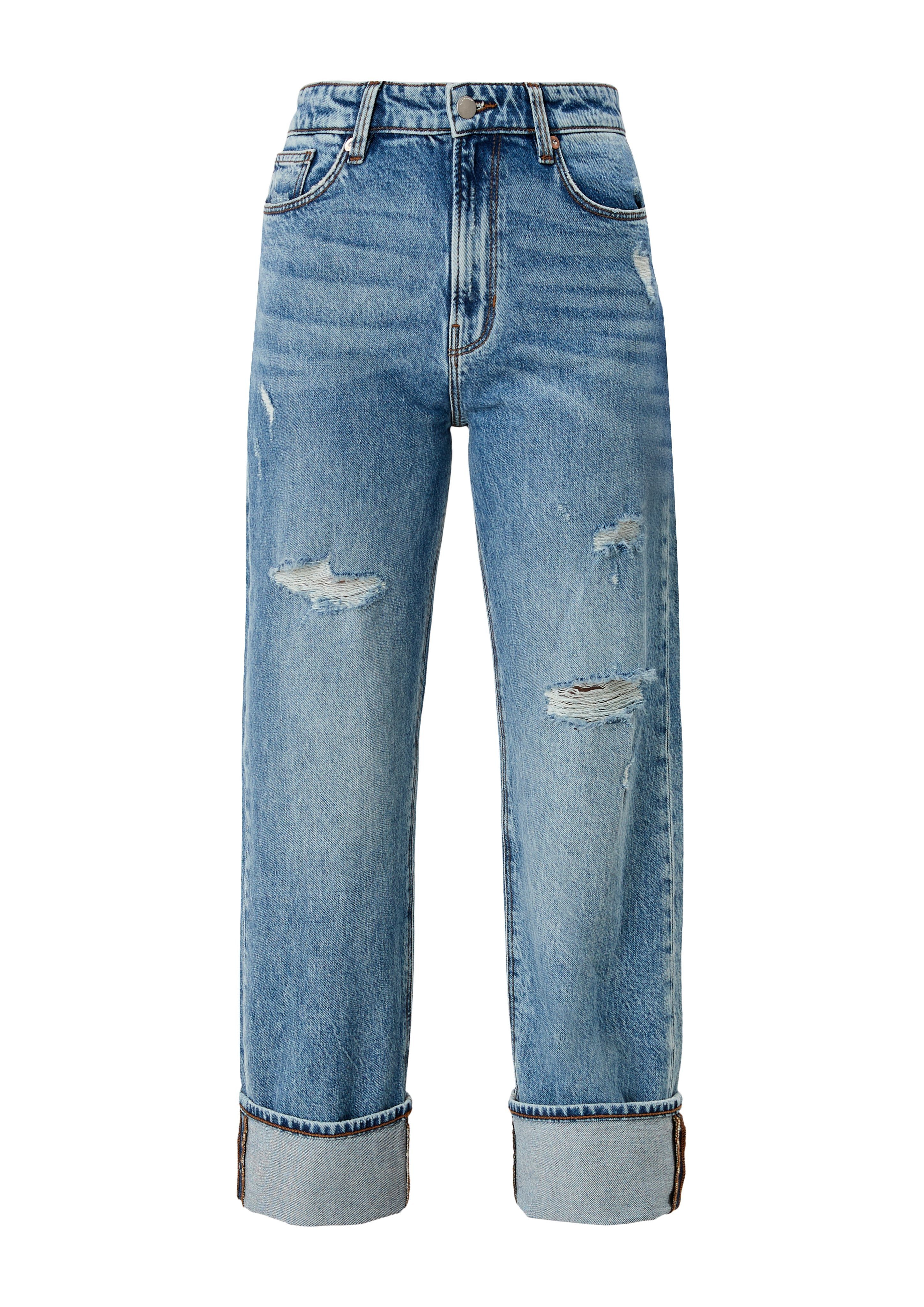 Damen Hosen Q/S by s.Oliver 7/8-Hose Slim: Mom-Fit Jeans (1-tlg) Waschung, Destroyes, Leder-Patch