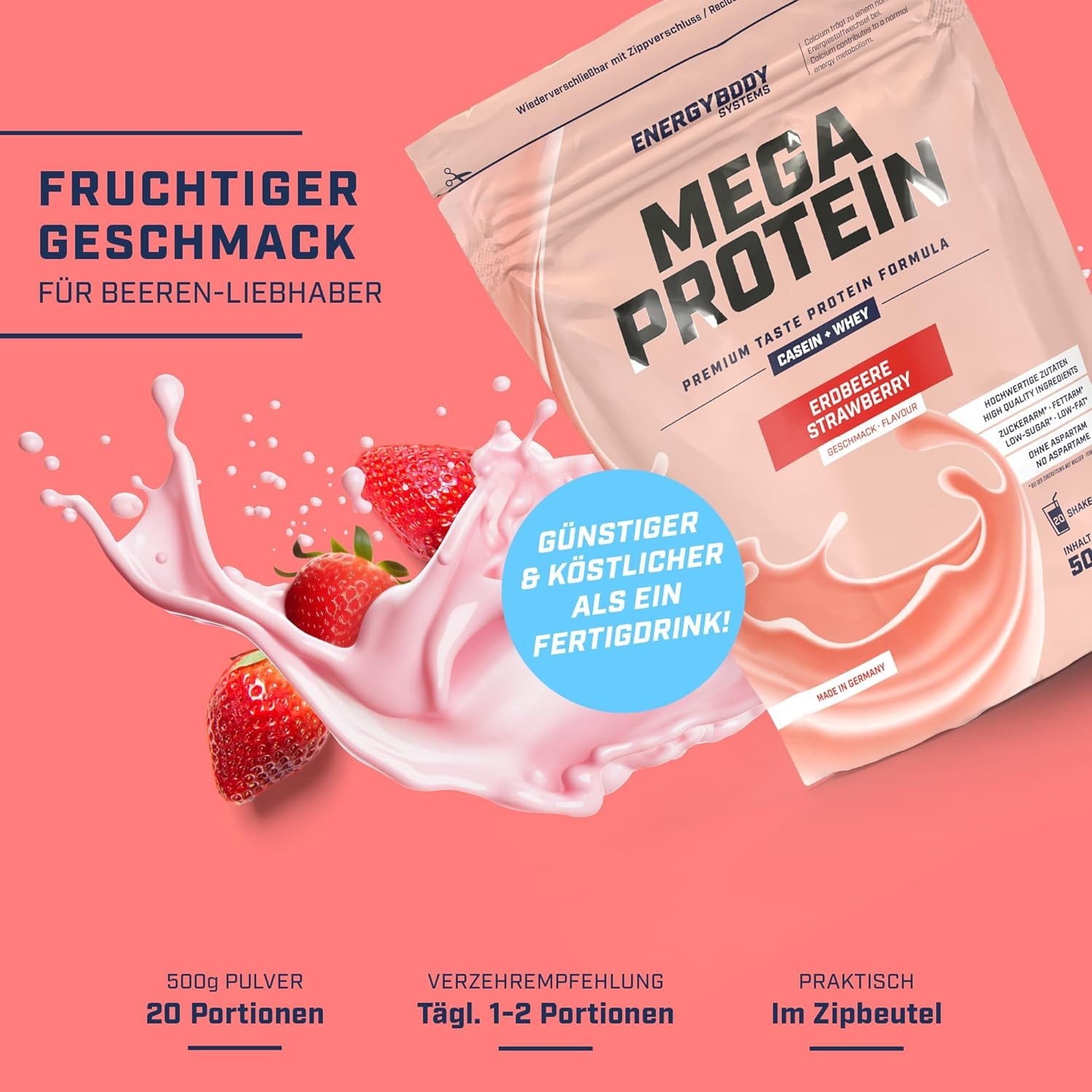 Energybody Systems Mega Protein Pulver, Whey und Casein Eiweißpulver, super cremig lecker, aspartamfrei