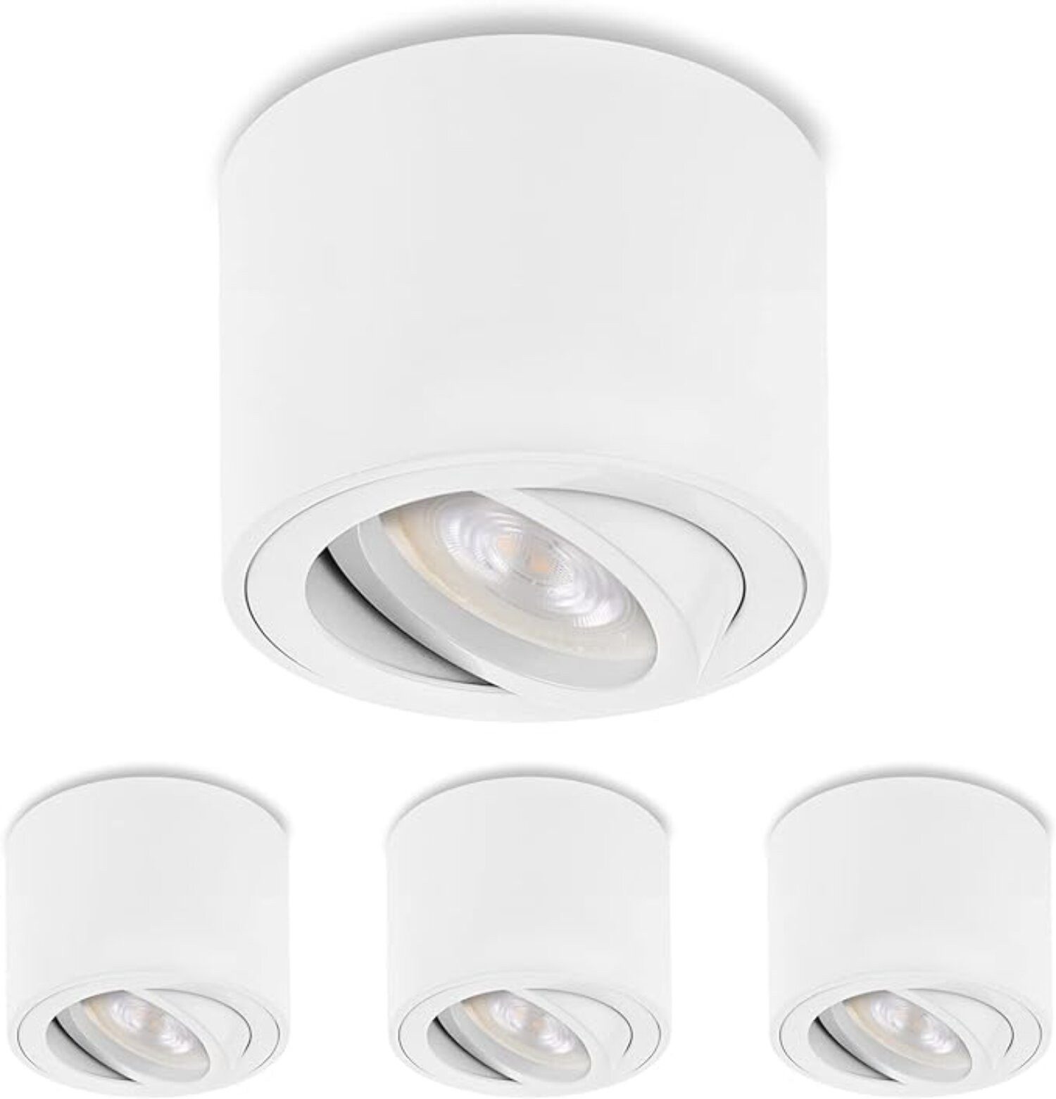 Sweet LED LED Aufbaustrahler flach 4er Set 5W 230V Aufbauspots rund weiß matt Aluminium, LED wechselbar, Warmweiß, LED Deckenlampe, Deckenspot, Deckenstrahler, schwenkbar