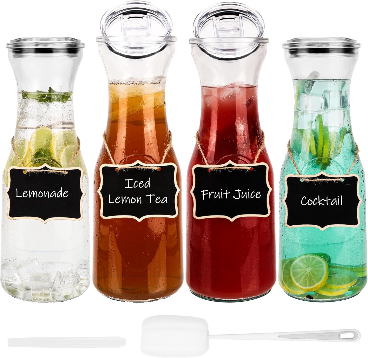 Dekoobjekt Belle Vous 4er Set Glaskaraffe mit Deckel - 1.1L Karaffe für Saft oder