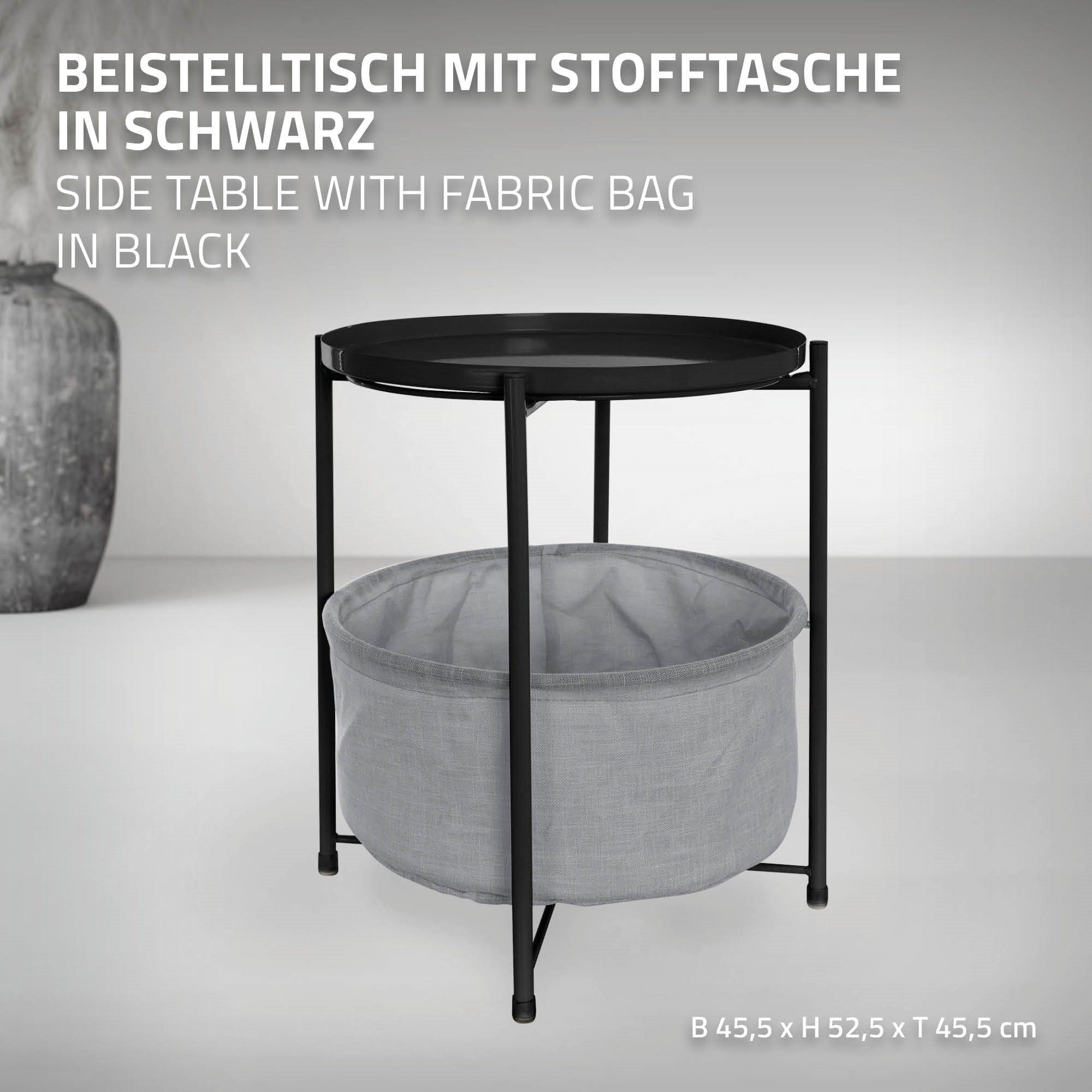 Modernes Rund Couchtisch Sofatisch Wohnzimmertisch Metall ML-DESIGN Design Ø45,5x52,5cm Tisch Beistelltisch mit Stoffkorb Nachttisch, Schwarz
