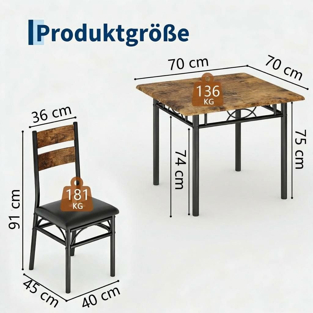 GarveeMore Essgruppe Essgruppe (3-teilig) mit Tisch und Stühlen für zwei Personen, 70 x 70 x 75 cm Stabiles Metallgestell für Küche Wohnung kleine Räume