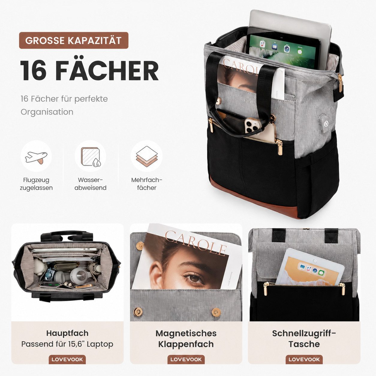 Toomoke Rucksack 2in1 Laptop Rucksack Damen Herren 15,6 Zoll mit Organizer Tasche (Multifunktionaler Business Rucksack mit gepolstertem Laptopfach für 15,6 Zoll – Bild 2 von 5