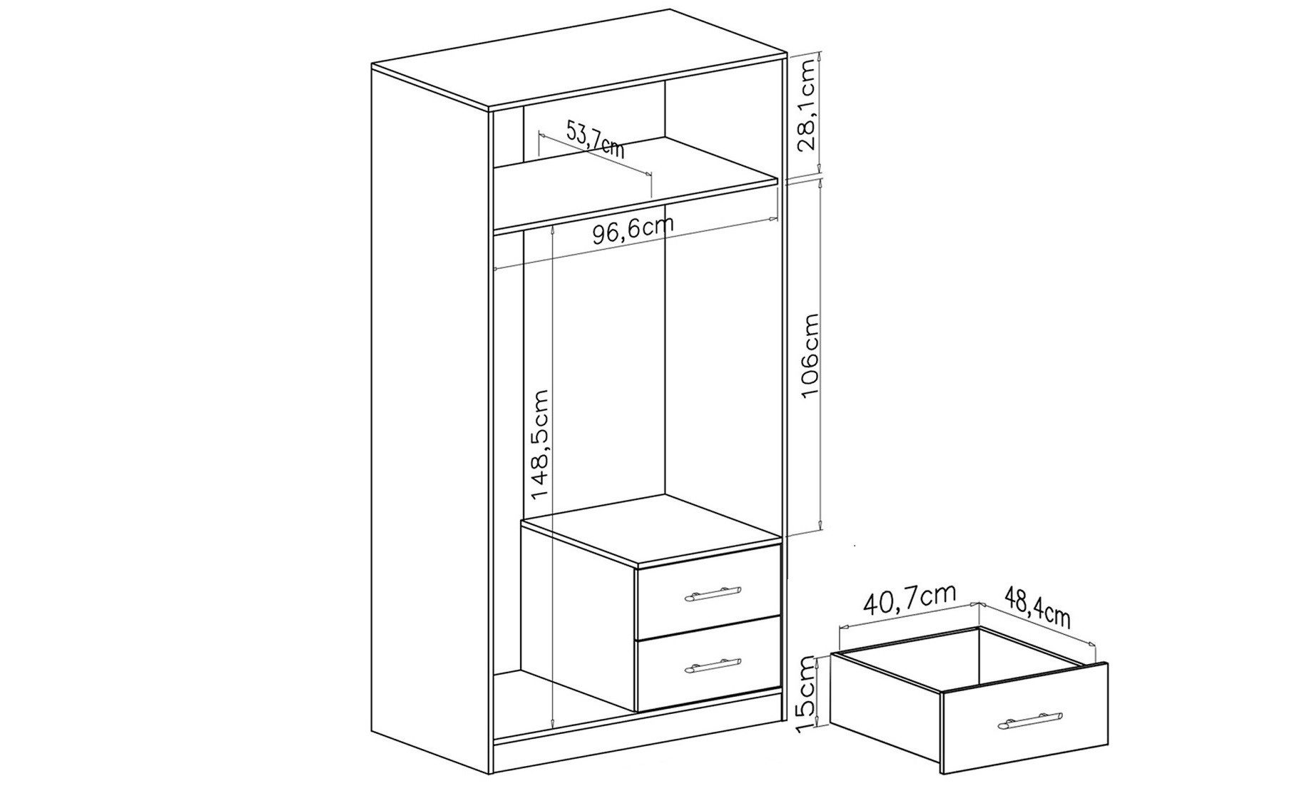Marmex Möbel Garderobenschrank SMART 3C zweitüriger Kleiderschrank Mehrzweckschrank Drehtürenschrank Kleiderstange, Schubladen 100 x 190 x 56