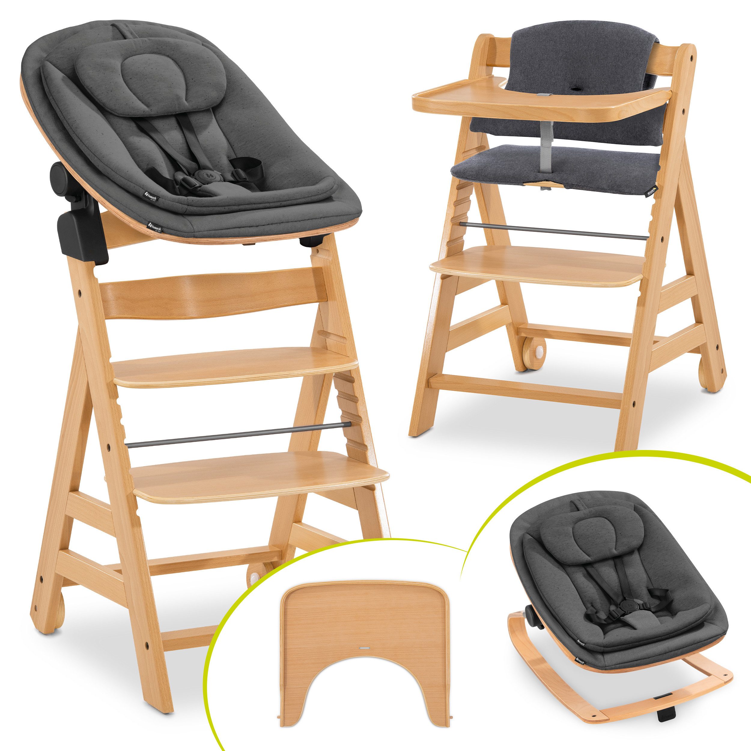 Hauck Hochstuhl Alpha Move Newborn Set Eco - Deep Grey - Natur, Holz Babystuhl ab Geburt mit Neugeborenensufsatz, Sitzkissen, Essbrett