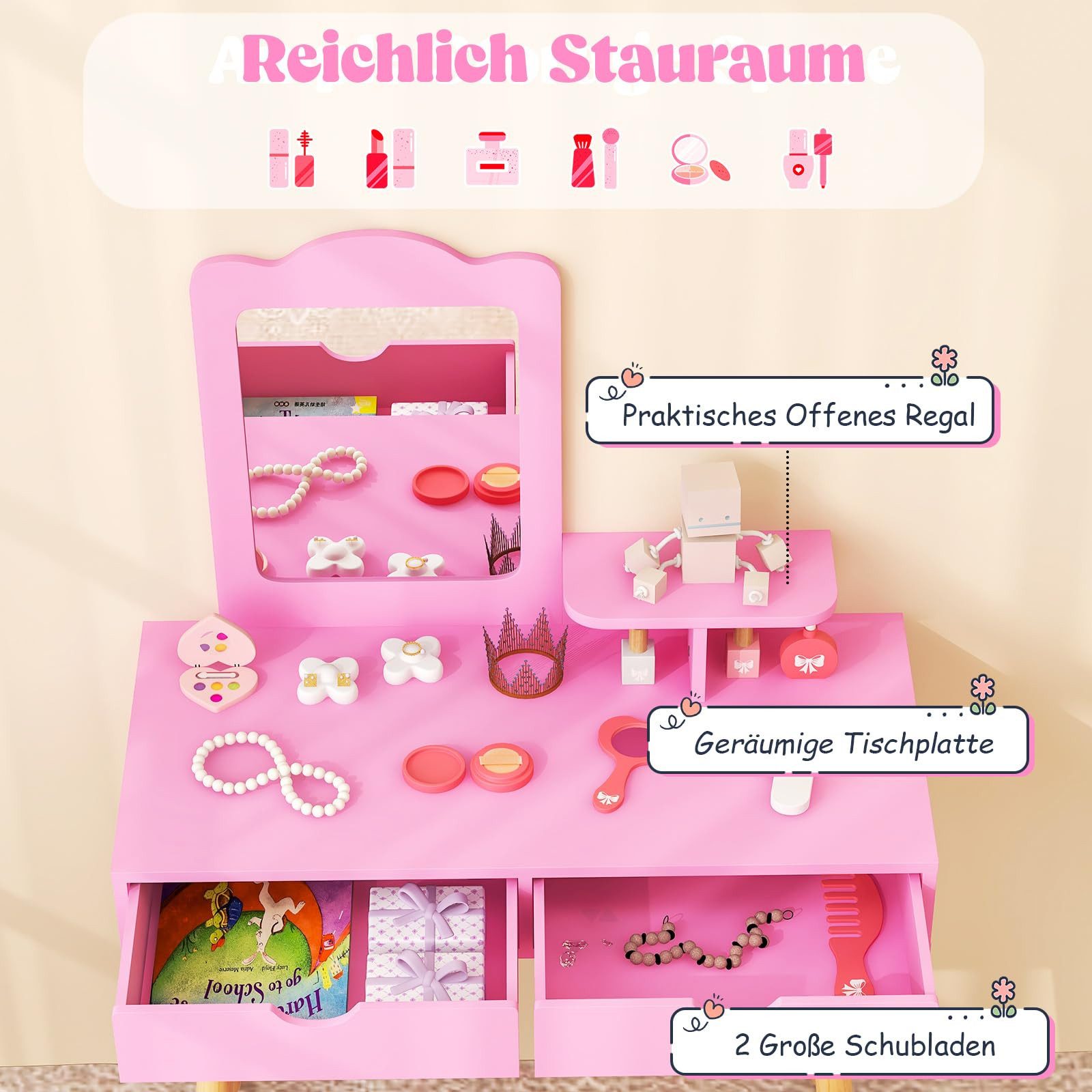 COSTWAY Schminktisch 2 in 1 Kinder Schreibtisch mit Hocker, aus Holz günstig online kaufen