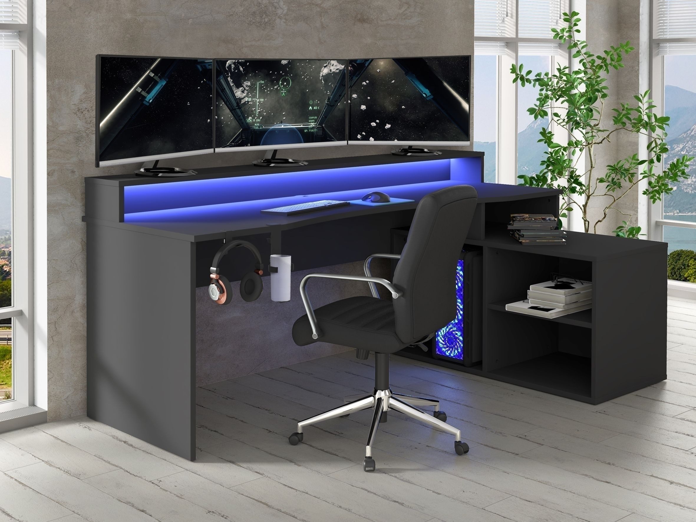 freiraum Eckschreibtisch TEZAUR, Gamingtisch, LED-Wechselbeleuchtung, schwarz - 200x91,1x125,4cm B/H/T
