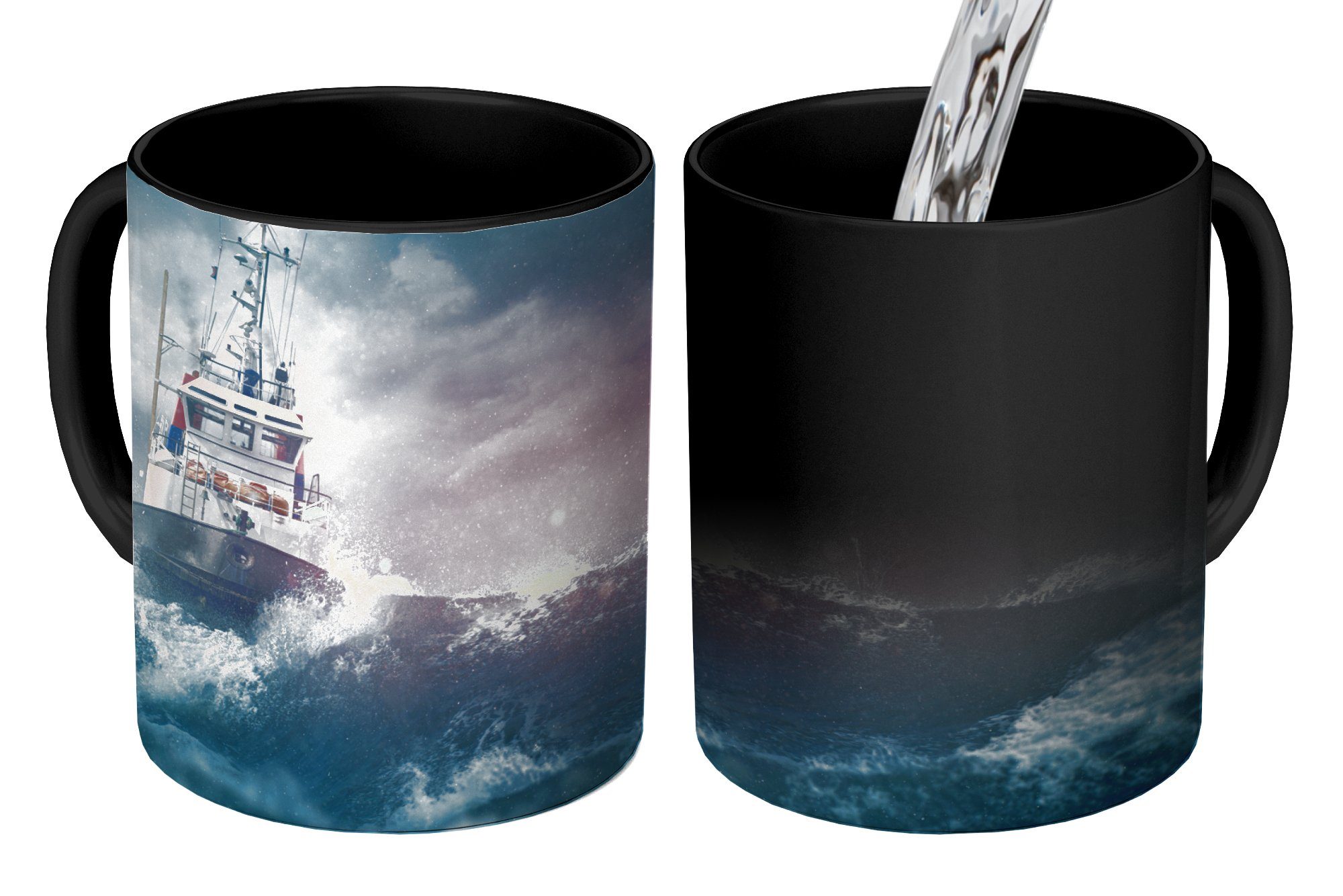 MuchoWow Tasse Meer - Boot - Sturm - Leuchtturm, Keramik, Farbwechsel, Kaffeetassen, Teetasse, Zaubertasse, Geschenk