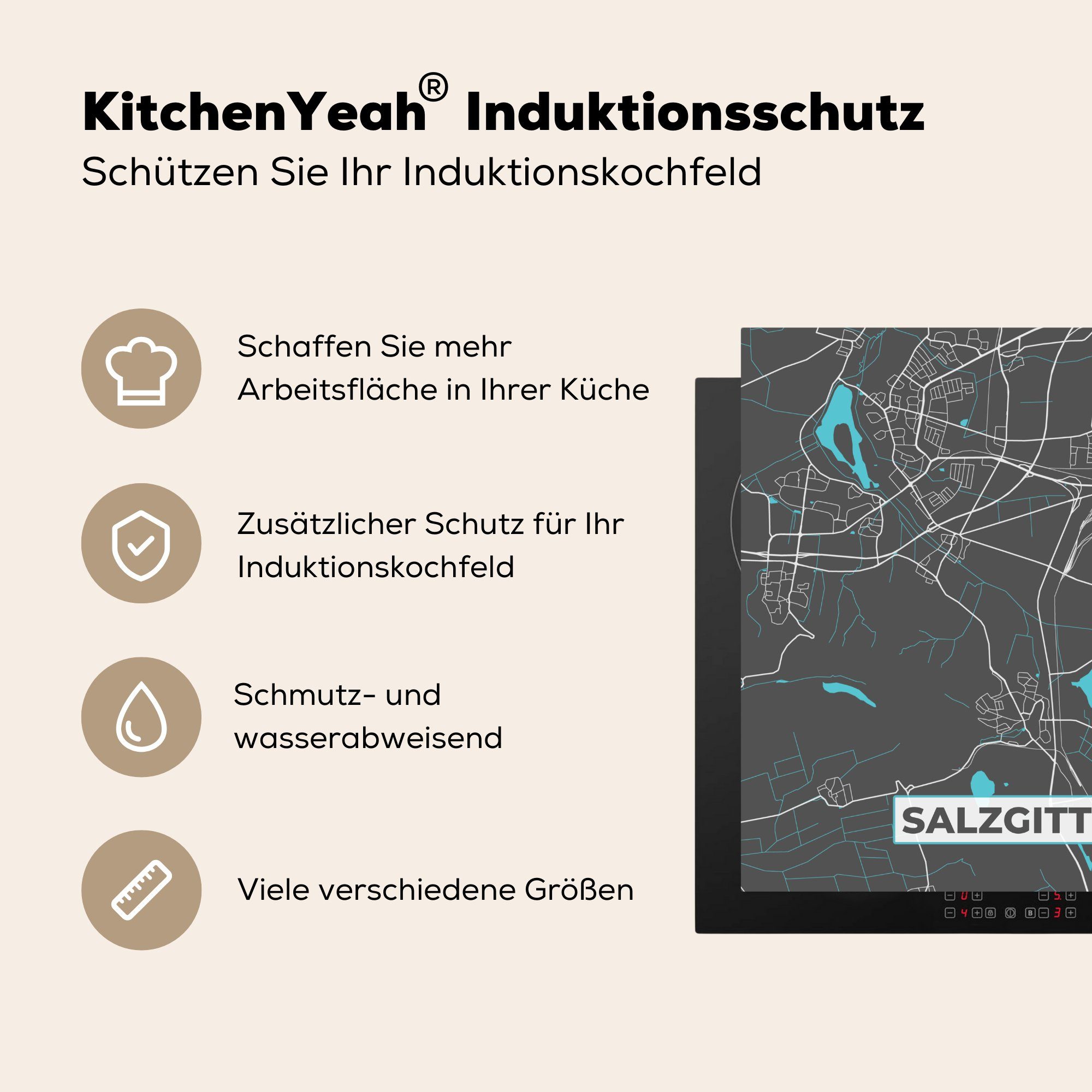 tlg), Salzgitter - Deutschland für - cm, Blau, Karte Vinyl, Stadtplan Arbeitsplatte Herdblende-/Abdeckplatte - Ceranfeldabdeckung, MuchoWow küche 78x78 (1 -