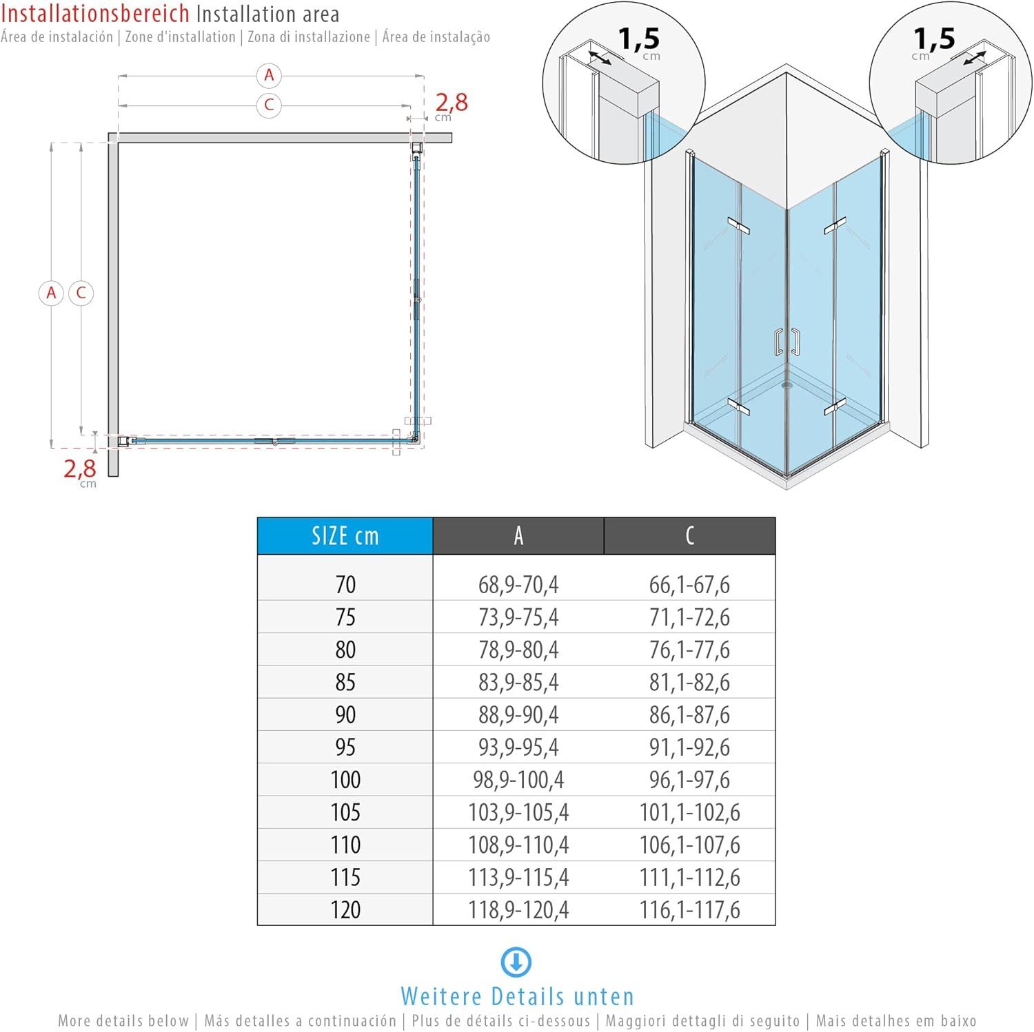 i-flair Eckdusche Falttür Duschkabine MATILDE aus durchsichtigem 6 mm Sicherheitsglas, BxT: 75x80 cm, Einscheibensicherheitsglas, ohne Duschtasse, mit hochwertigen Aluminiumprofilen in schwarz, ebenerdiger Einbau möglich, mit Falttüren