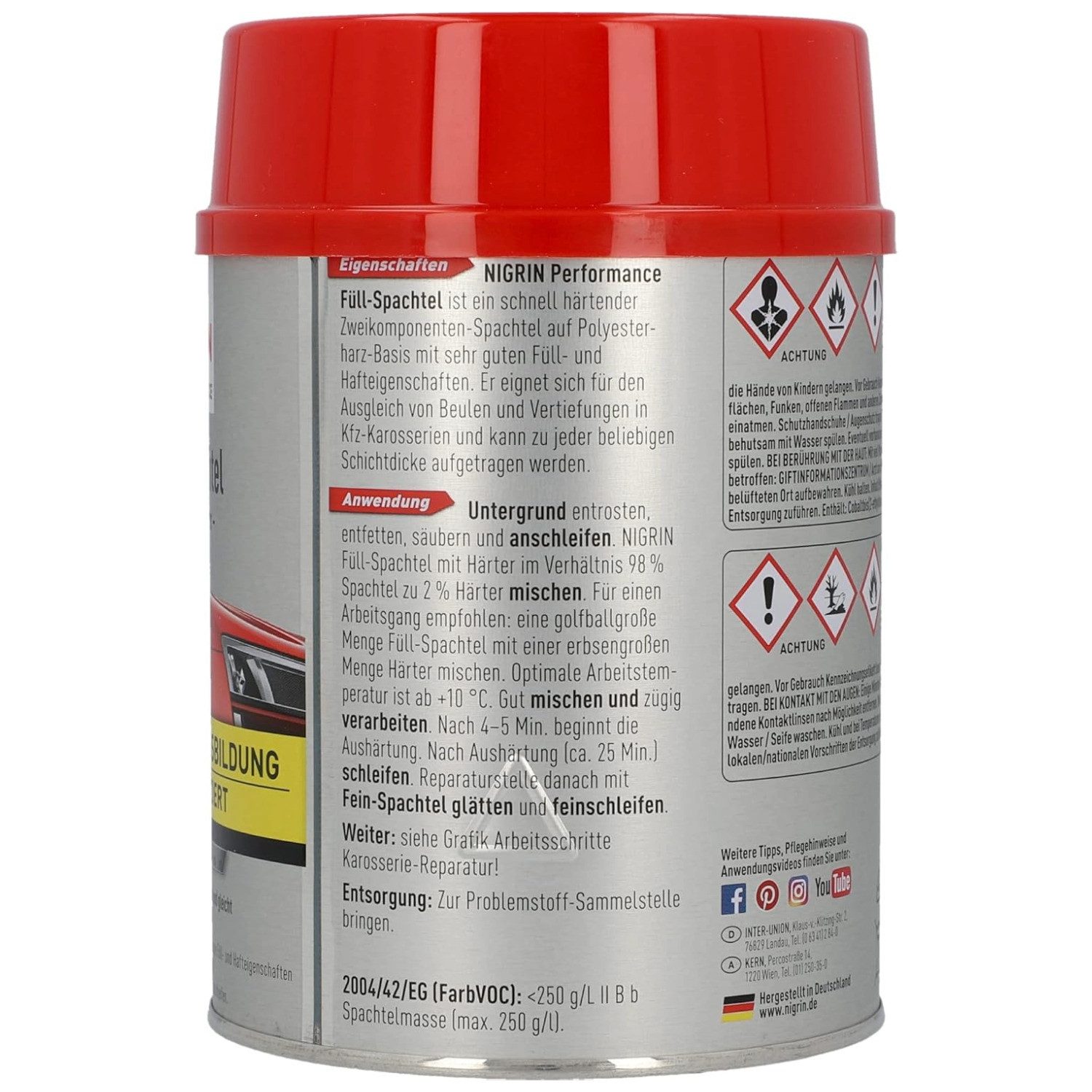 NIGRIN Spachtelmasse 2K Füll-Spachtel mit Härter 1kg Reparatur-Spachtel, 2K Füll-Spachtel Reparatur-Spachtel Spachtel-Masse Füller Kfz-Karosse