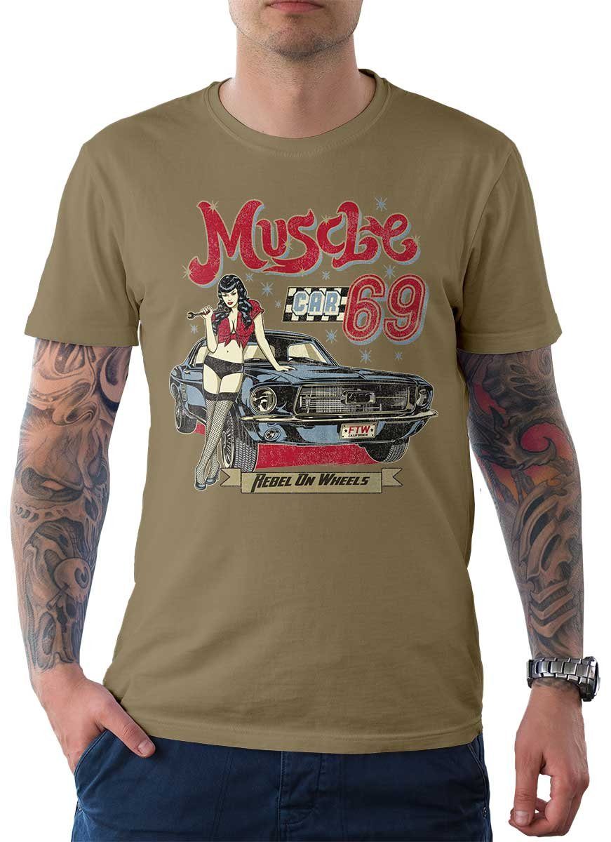 Rebel On Wheels T-Shirt Herren T-Shirt Tee Muscle Car 69 mit Auto / US-Car Motiv Khaki