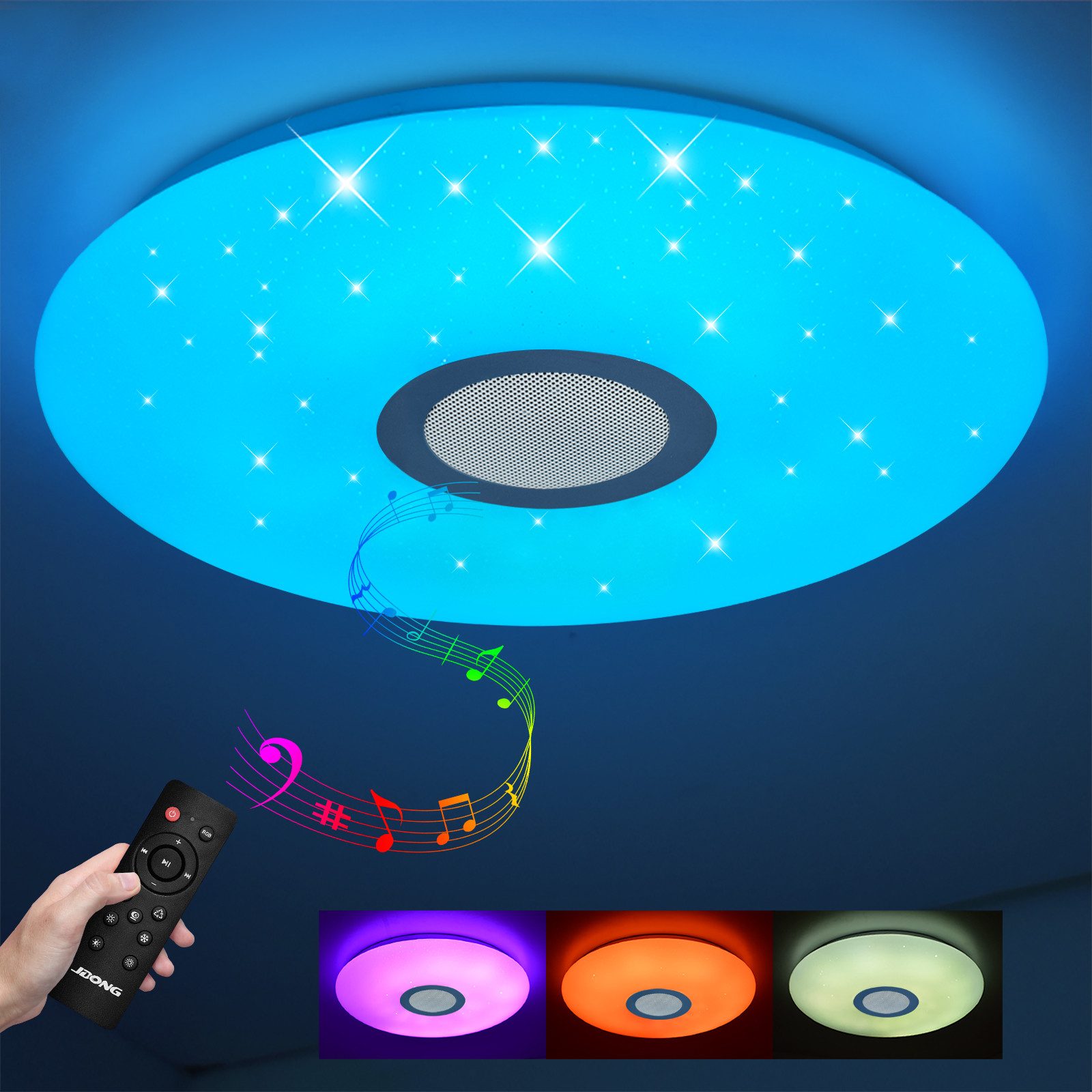 JDONG LED Deckenleuchte mit Bluetooth Lautsprecher 26CM/30CM/40CM/50CM, LED fest integriert, Tageslichtweiß, Rot, Grün, Blau, Fernbedienung und APP-Steuerung,fur Schlafzimmer Kuche badzimmer