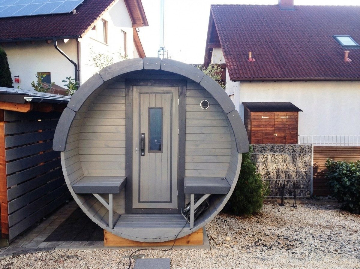 JVmoebel Saunahaus Saunafass aus Holz – Gartensauna Tonnensauna in Braun, (1-St) Made in Europe