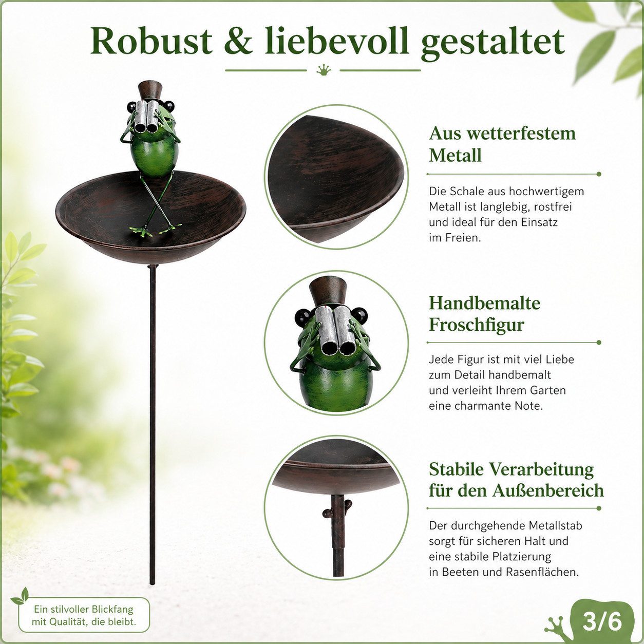 Posiwio Vogeltränke Vogeltränke mit Frosch aus Metall am Stab – Frosch mit Regenschirm