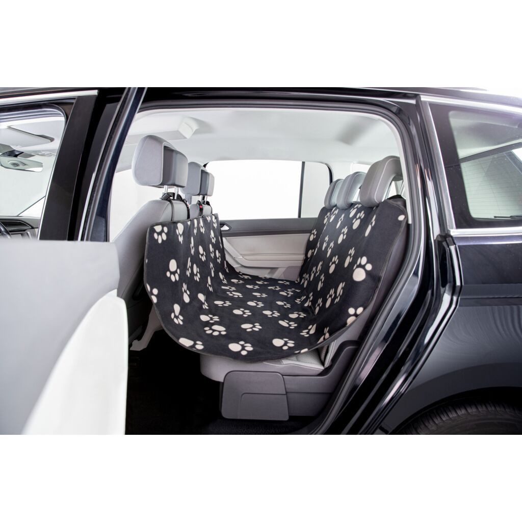 TRIXIE Tier-Autoschondecke Autoschondecke aus Fleece mit Pfotenprint - schwarz/beige - 1,40 × 1,4