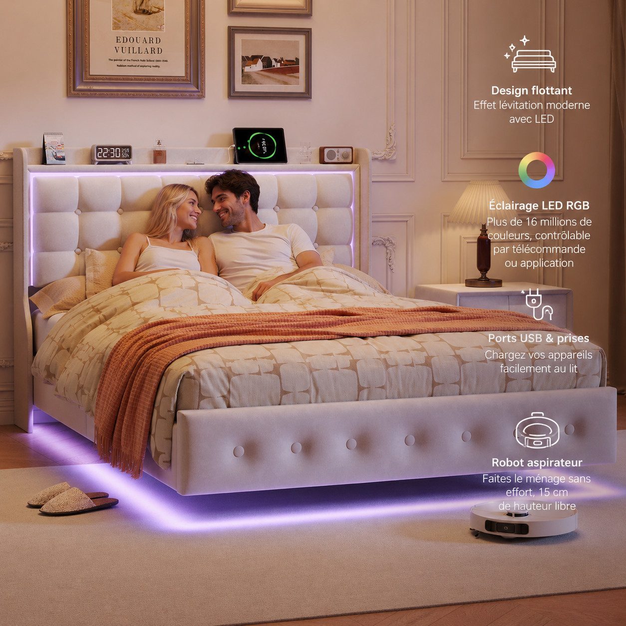 Simurq Palettenbett 160x200 mit LED, Schwebebett Weiß mit USB & Steckdose (Bettgestell inklusive Lattenrost ohne Matratze), Schwebendes Design mit RGB-LED und integrierter Ladefunktion