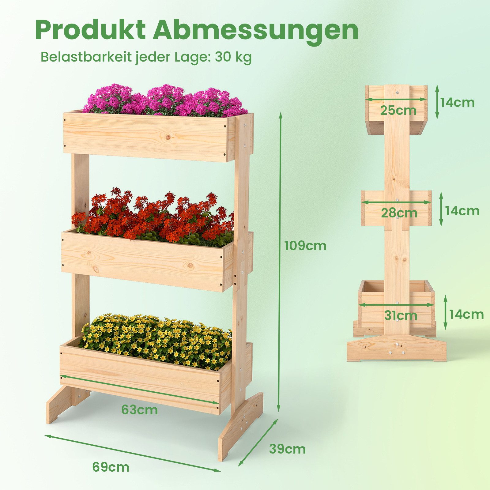 COSTWAY Blumenkasten (1 St), mit 3 Etagen, Blumentreppe, Hochbeet, 69x39x109cm