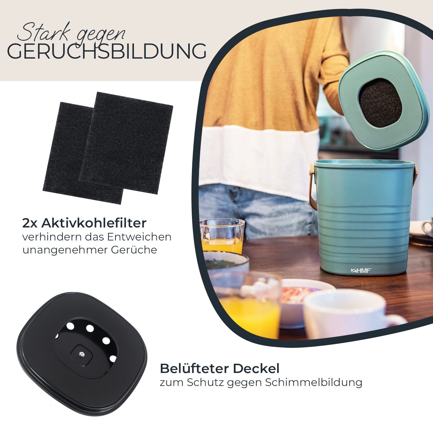 HMF Biomülleimer 3780-3L Geruchsdichter Komposteimer mit Aktivkohlefilter, kleiner Bio Mülleimer für die Küche mit Deckel, 3L, Schwarz