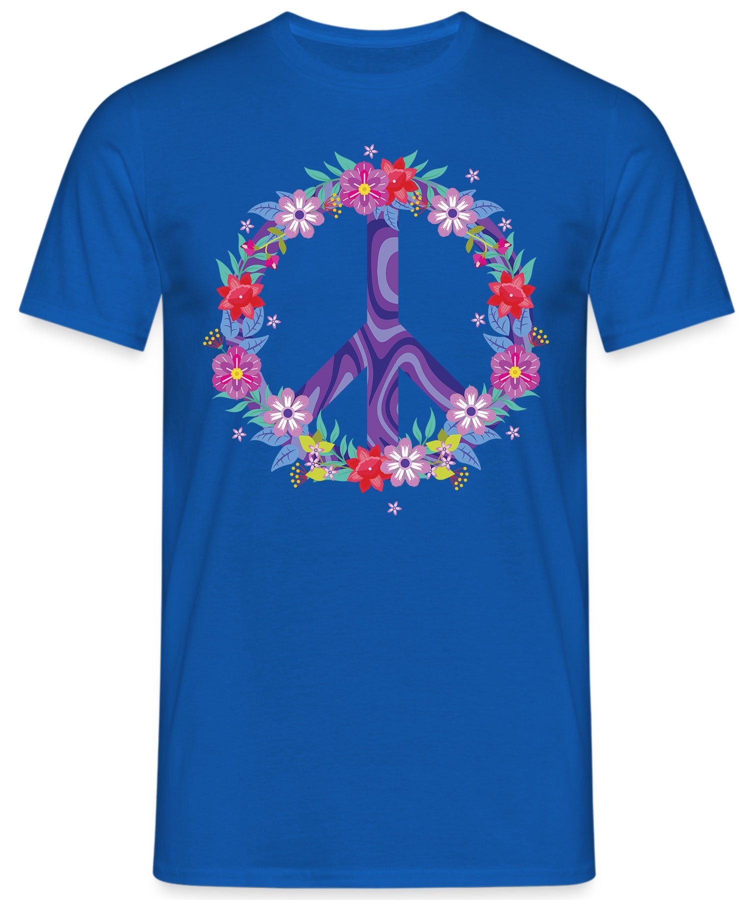 Kurzarmshirt - Kostüm Friedenssymbol 70er Blau Quattro Herren (1-tlg) Love Formatee Tie Dye 60er Hippie Frieden