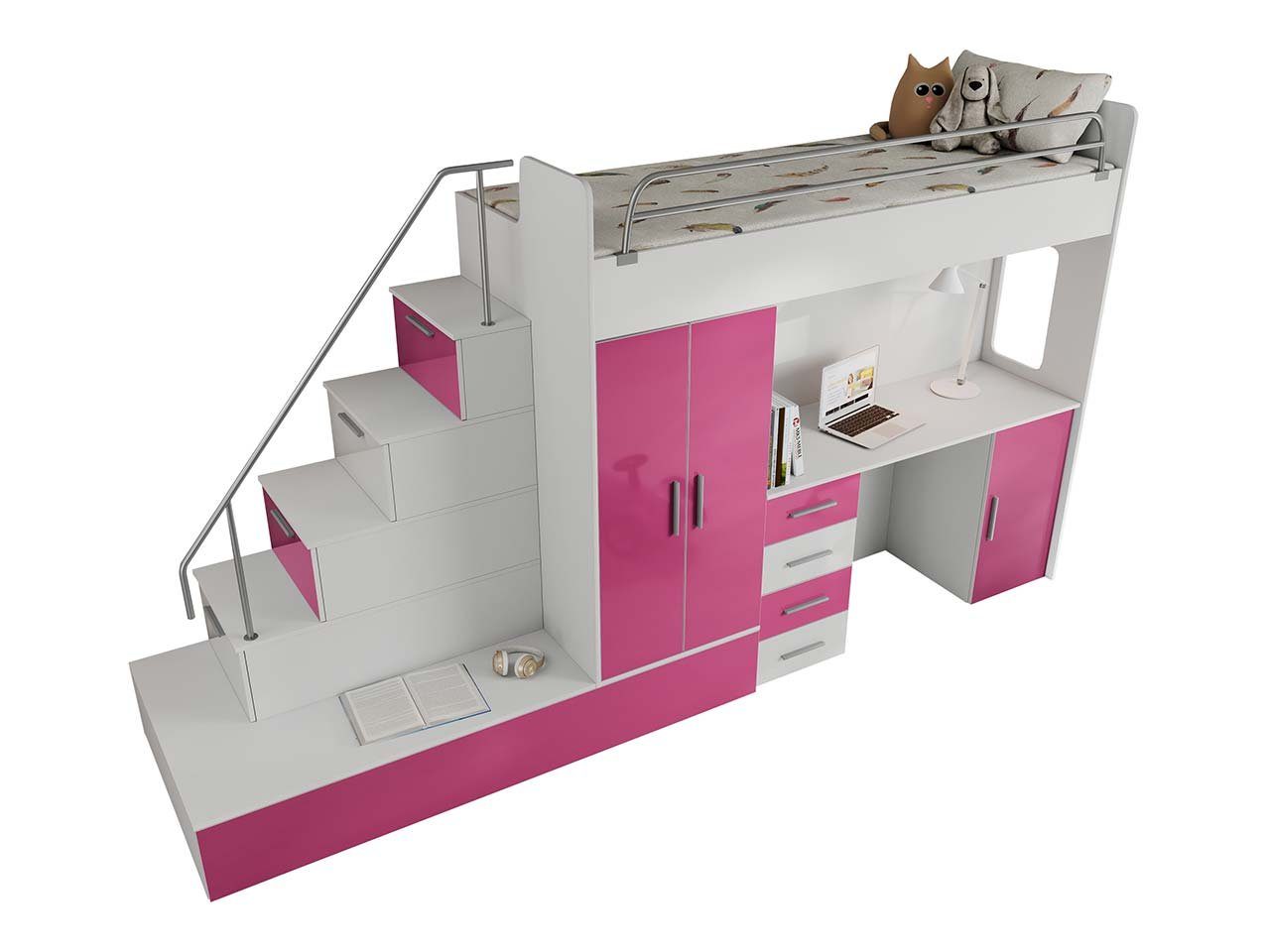 einem Jugendbett MÖBEL Schreibtisch, einem Betten, zwei 5 Rosa mit Schrank Kleiderschrank, (Zwei Betten, EDEN Treppe Schließfächern), mit und Schreibtisch, MKS