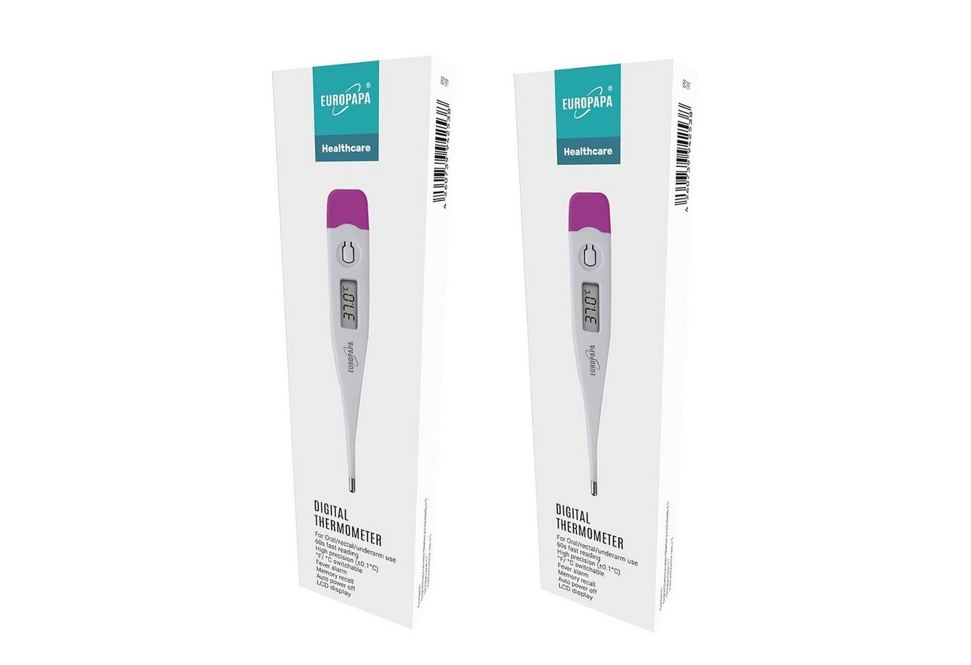 EUROPAPA Fieberthermometer 2 Stück Digitales Fieberthermometer für Babys, 2-tlg., Kinder und Erwachsene, Thermometer für oral, axillar oder rektal, wasserdicht mit Fieberalarm