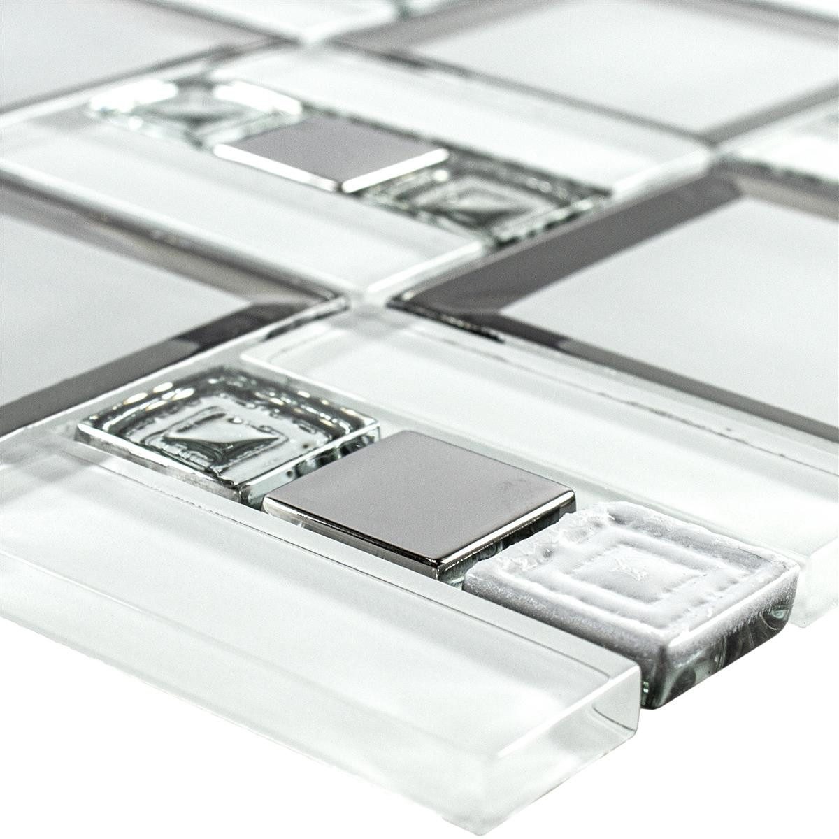 Mosafil Mosaikfliesen Glasmosaik Fliesen Magical Weiß Silber, Glas 30.000x30.000, weiß-silber, Verlegefertig auf ein Netz geklebt - Wasserfest