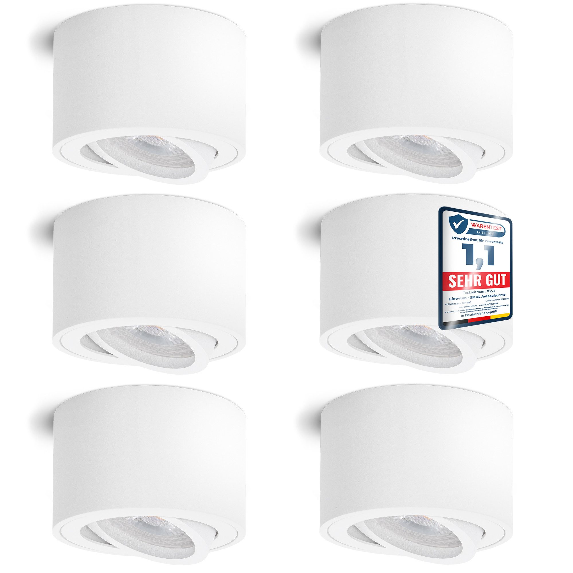 linovum LED Aufbaustrahler 6 x Aufbauleuchte SMOL schwenkbar in weiss matt & rund mit LED 4W, Neutralweiß