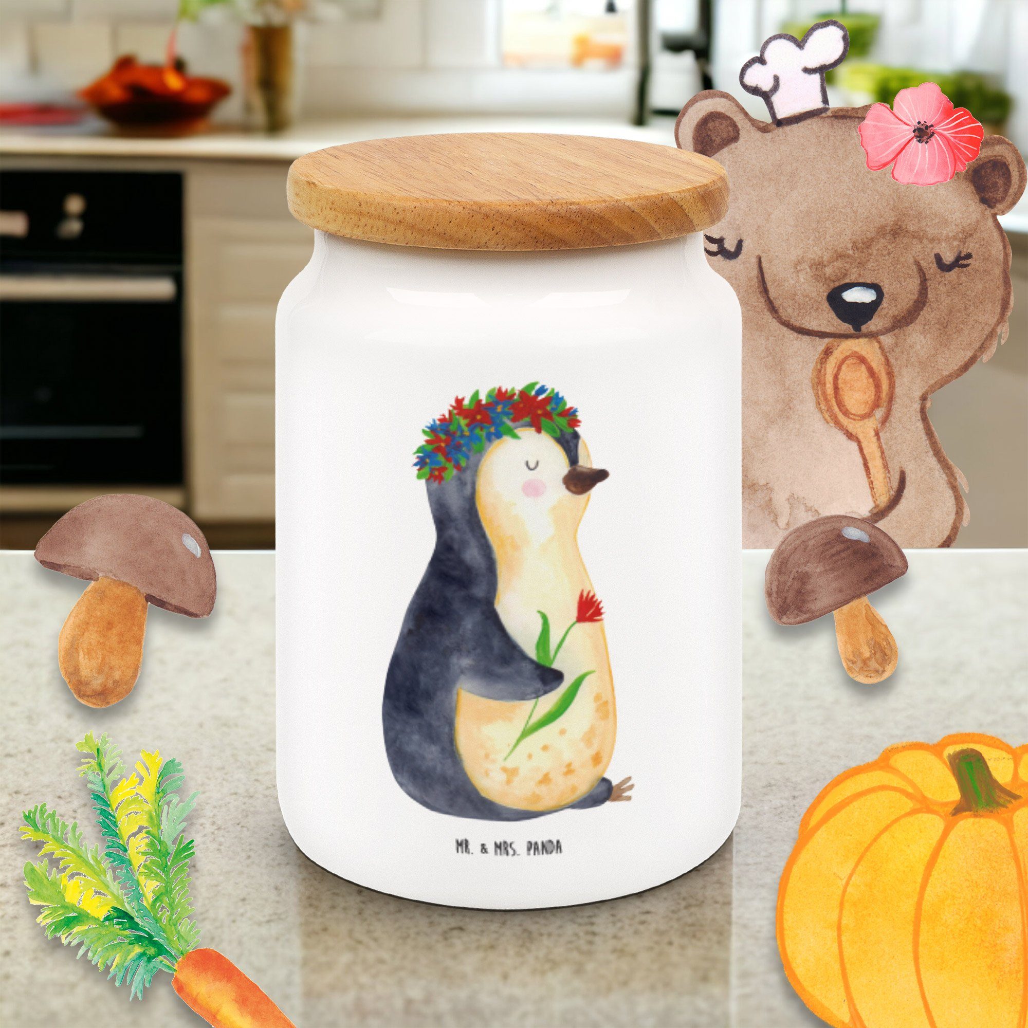 Wünsche, Geschenk, Mrs. (1-tlg) - Keramik, & Weiß Pinguin Leckerlid, Mr. Lebenslust, Panda - Vorratsdose Blumenkranz
