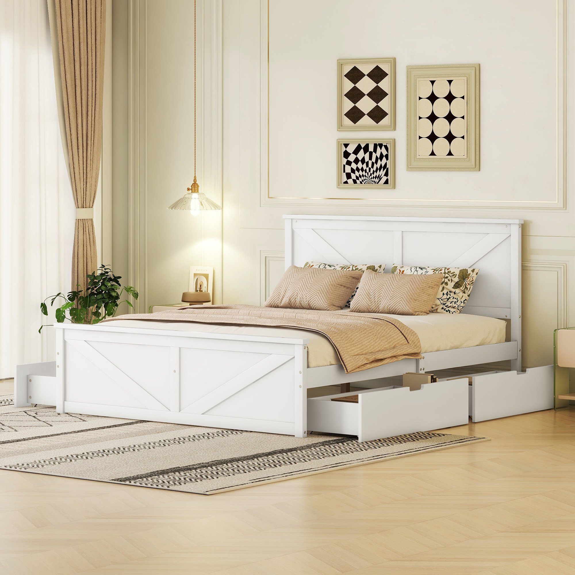 REDOM Funktionsbett 160x200cm Einfaches Holzpritschenbett Ohne mit Weiß Schubladen, vier Matratze