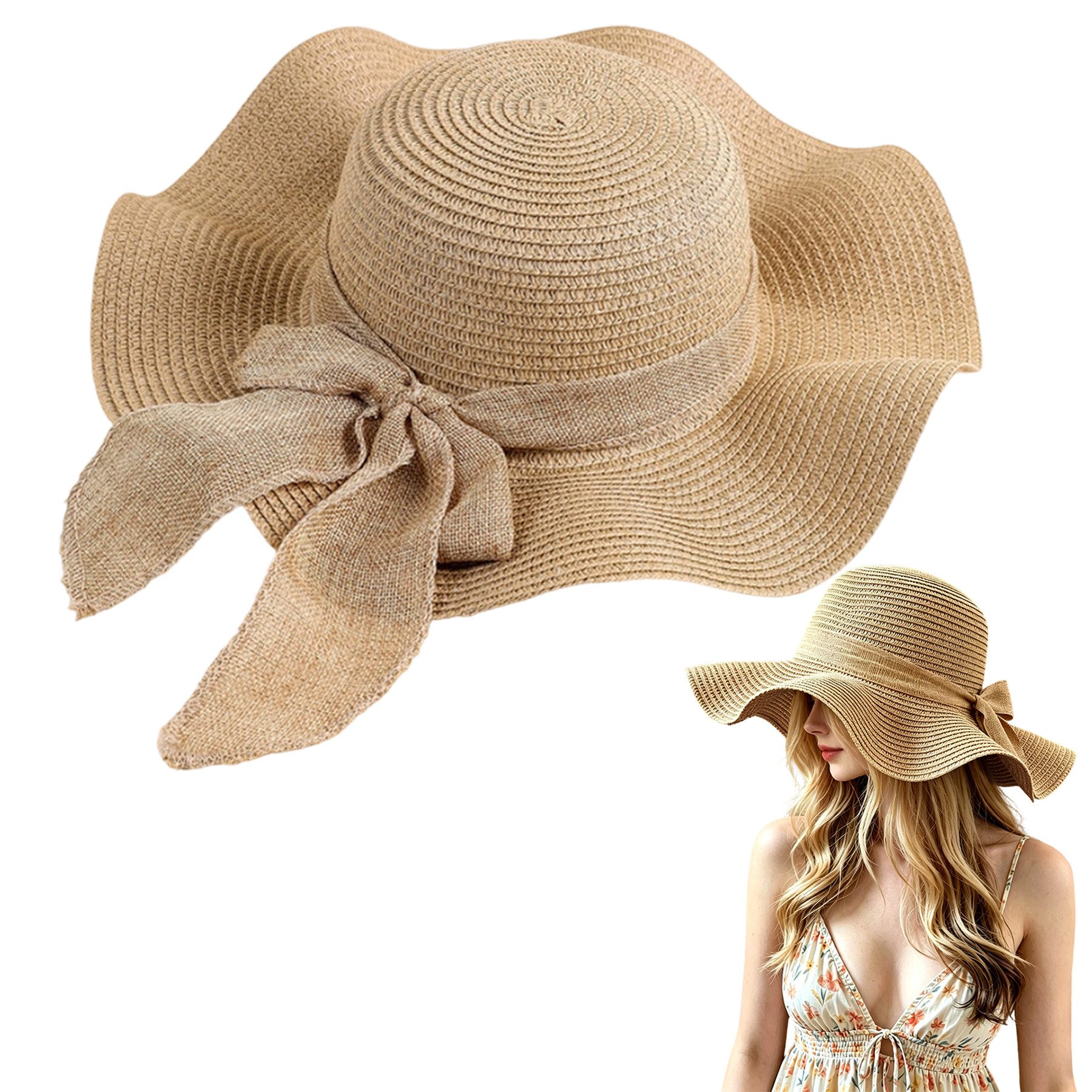 Mutig Strohhut Damen Sonnenhut Strohhut, Faltbarer Strandhut Sommerhut mit Breiter (Krempe, Leicht Atmungsaktiv, Eleganter Sonnenhut für Frauen, Unisex Hut) für Reisen Urlaub Strand Outdoor Aktivitäten