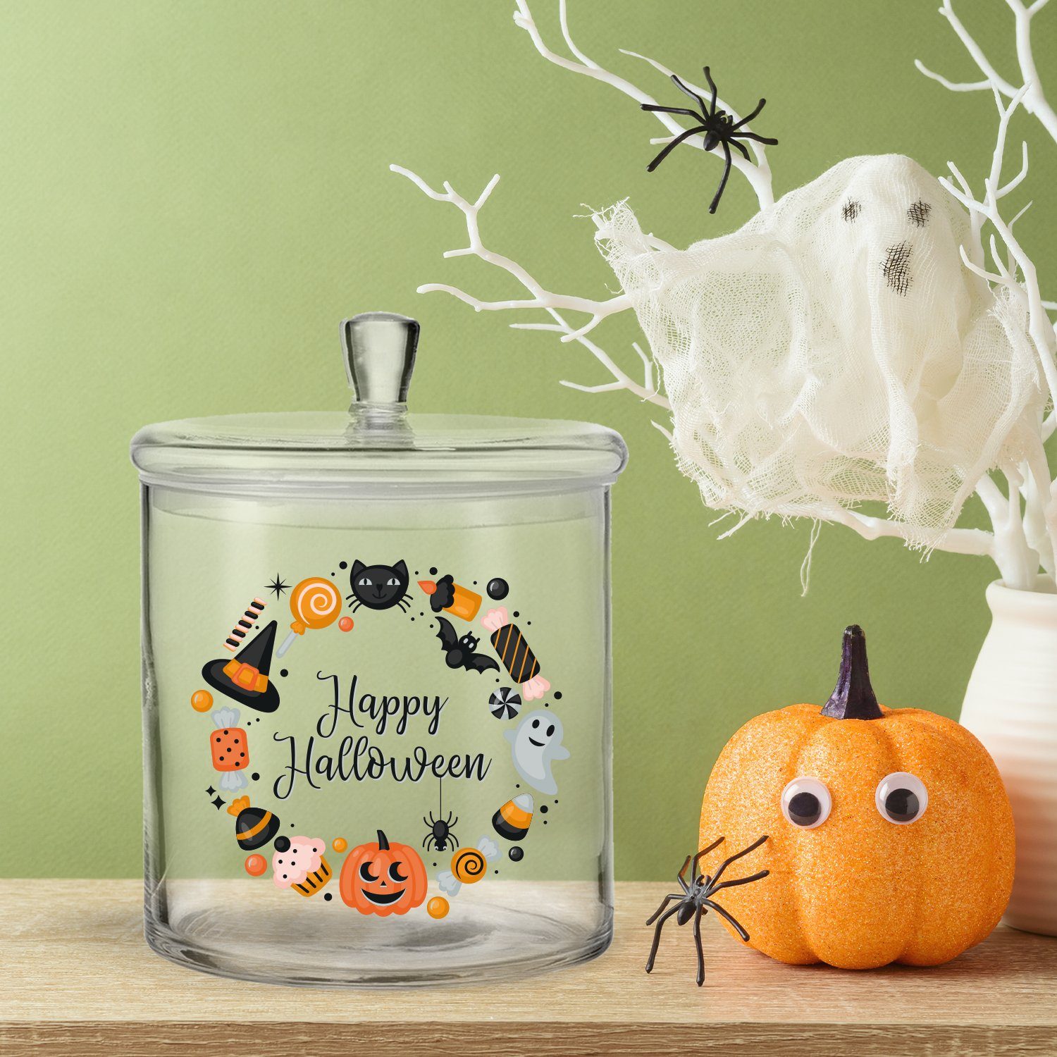 GRAVURZEILE Keksdose mit mit Happy Deckel Design, Glas, Circle Halloween UV-Druck