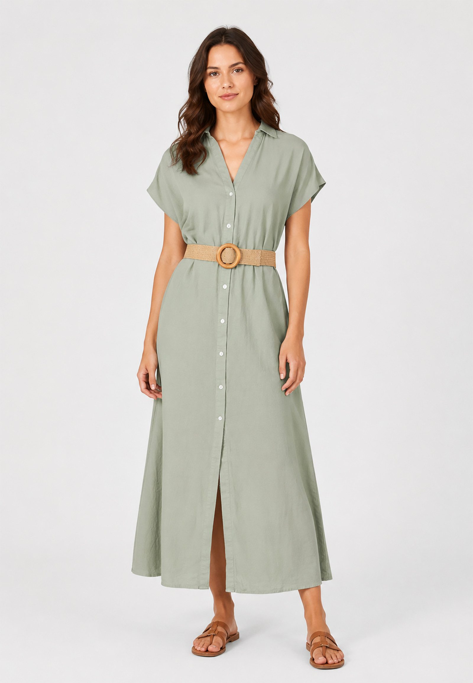 Eight2Nine Shirtkleid Elegante Sommermode Kurzarm Inklusive Gürtel Knopfleiste für Damen (lang, 1-tlg) Leinen Normal Fit V-Ausschnitt Kurzarm Einfarbig Knopfleiste