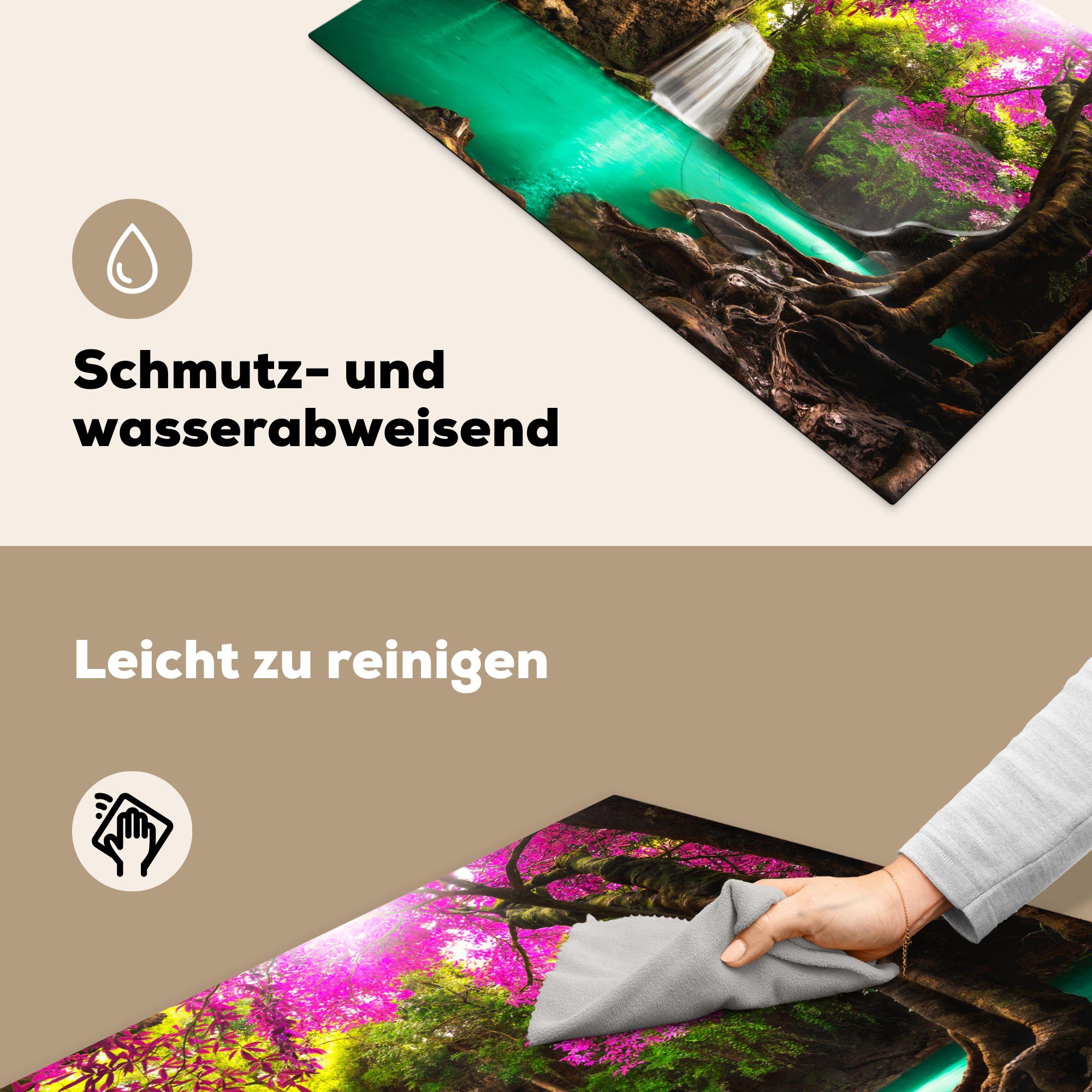 - mit (1 Herdblende-/Abdeckplatte küche, tlg), MuchoWow Natur Dschungel, Blumen Bäumen für - Schutz Ceranfeldabdeckung 81x52 cm, und Induktionskochfeld Vinyl, die bunten Wasserfall