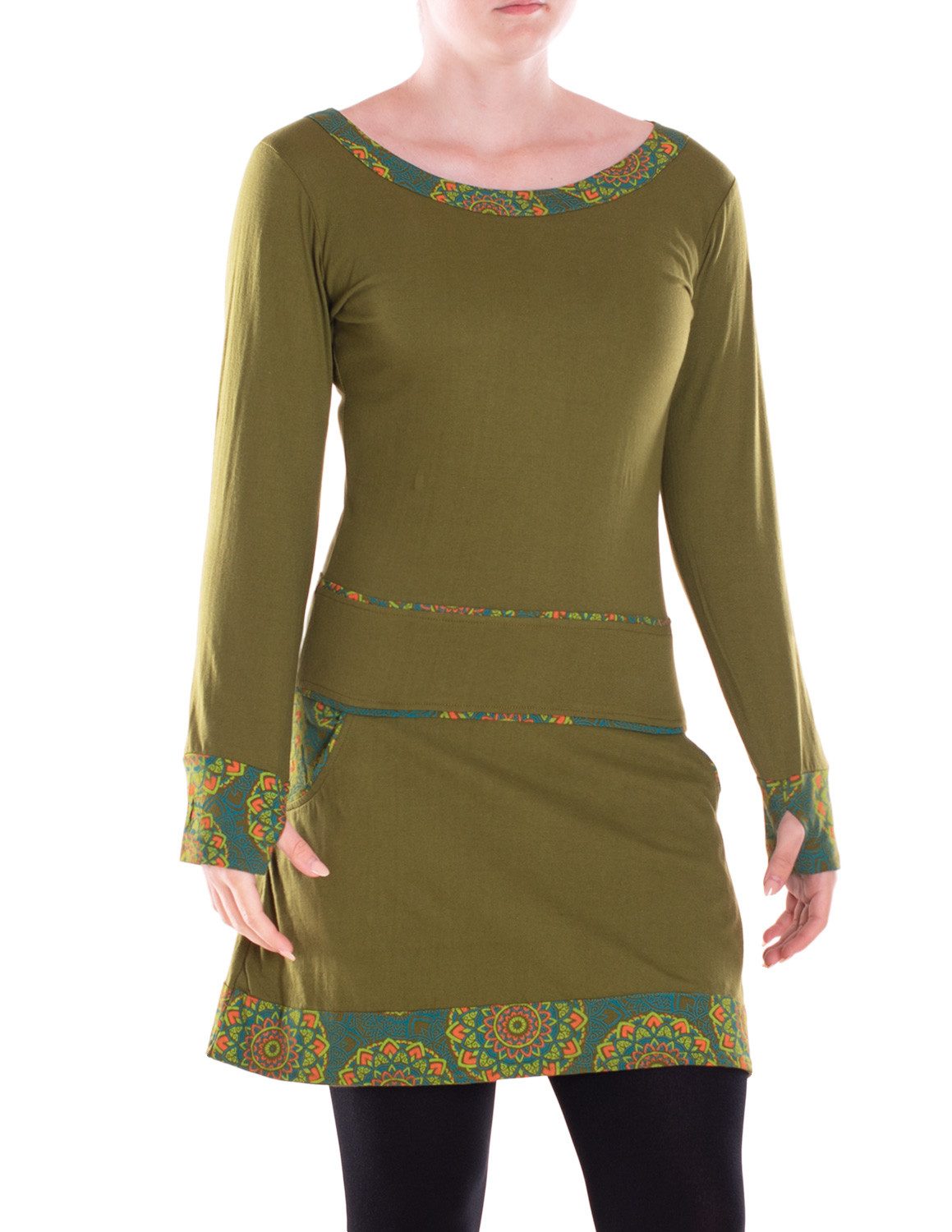 Minikleid Damen Langarm Kleid Baumwolle Geometrisch mit Taschen