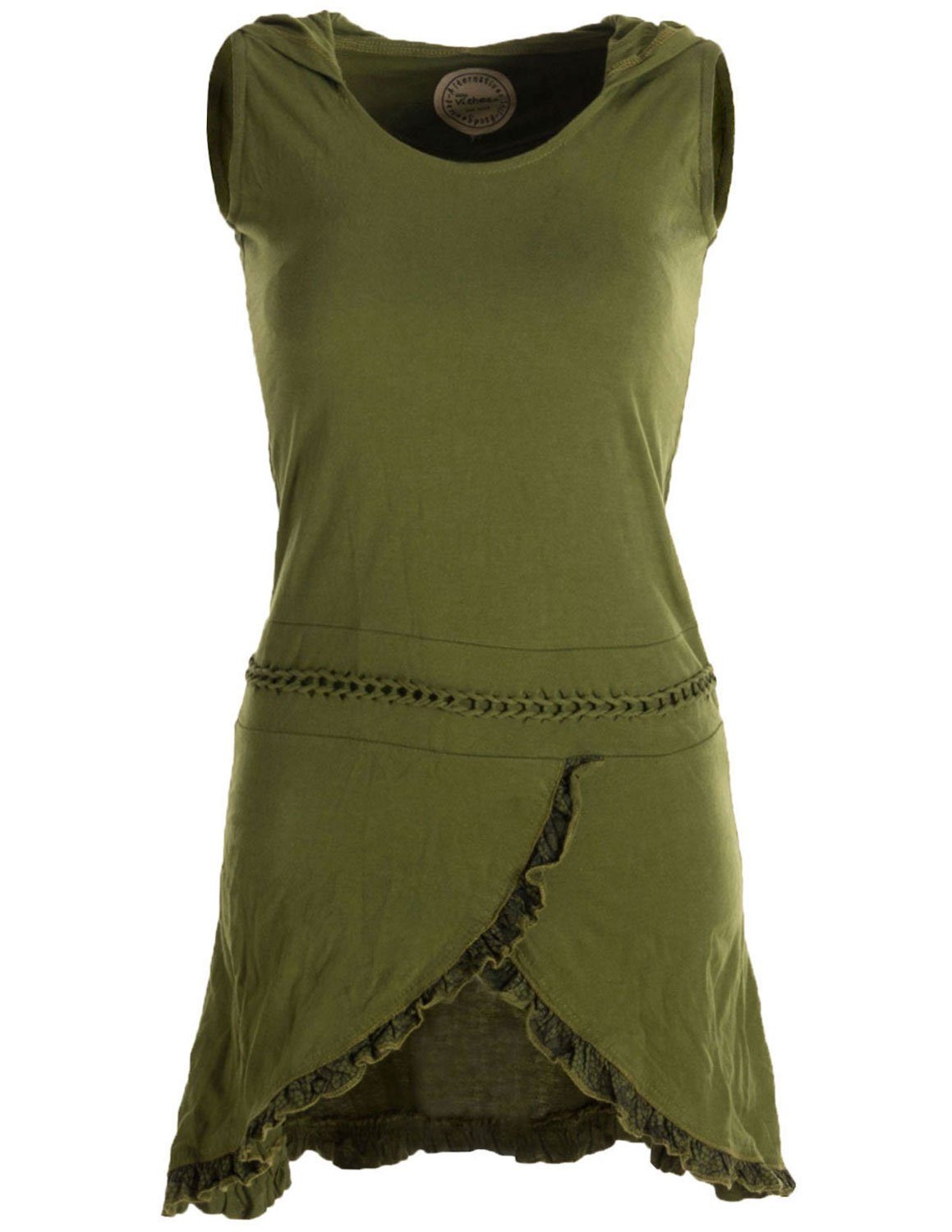 Vishes Zipfelkleid Asymmetrisches Lagenlook Baumwollkleid mit Rüschen, Flechtwerk und Zipfelkapuze olivegrün