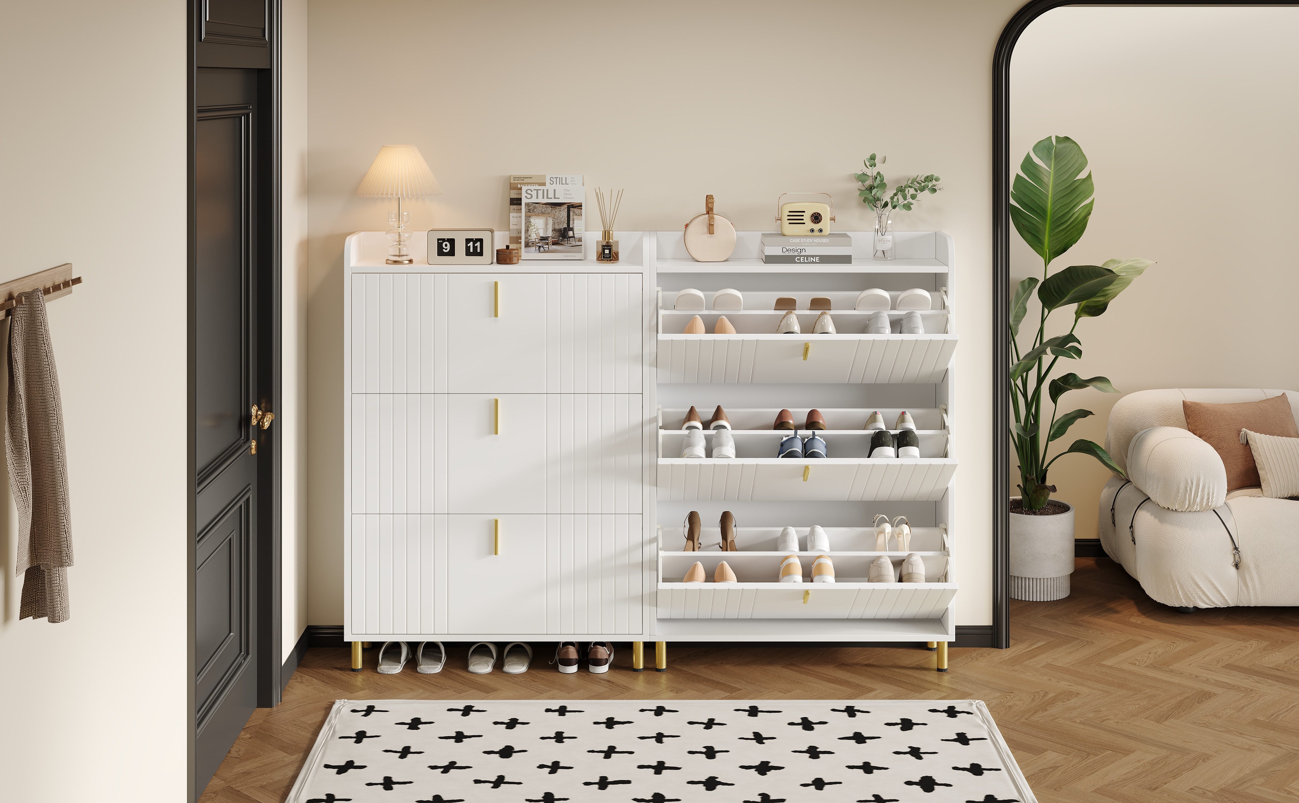 STILVORA Schuhschrank weißer schmal verstellbar Schuhkommode Schuhkipper mit Kippsicherung (Schuhkommode, 2-St., mit 3 Klappen, 6 Fächern) Verstellbar, Anti-Kipp-Vorrichtung