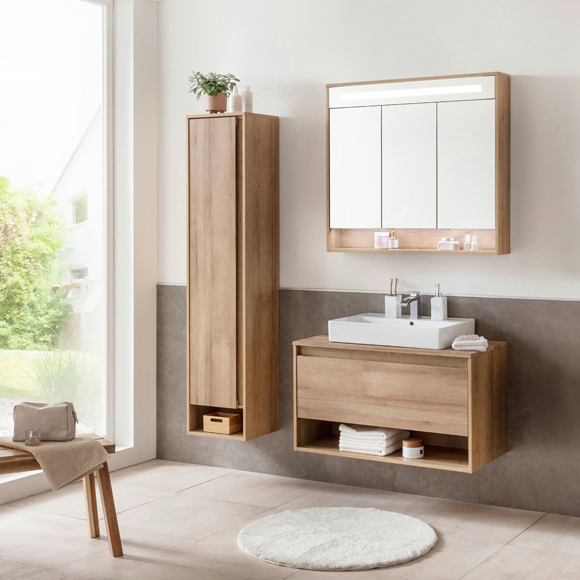 FACKELMANN Badmöbel-Set NATURA 94 cm, Braun hell + Spiegelschrank + Hochschrank links