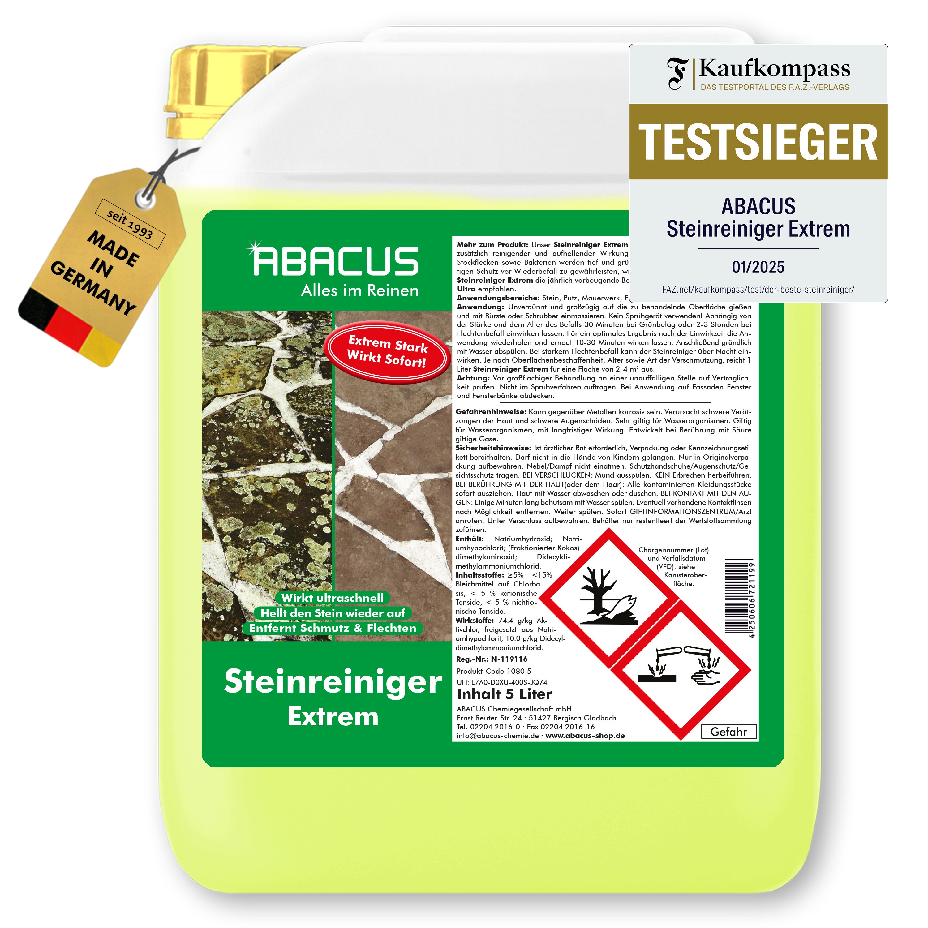 ABACUS Steinreiniger Extrem, Flechtenentferner, Steinreiniger Intensiv außen Grünbelagentferner (Entfernt sofort Algen, Schmutz, Grünbelag und Flechten, [- 5000ml Steinreiniger Extrem mit Sofortwirkung)