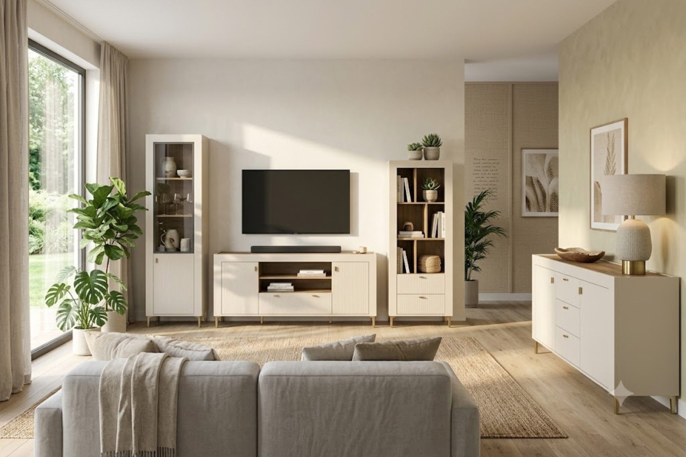 Deine Möbel 24 Wohnzimmer-Set MONI A mit Vitrine, Regal, 2 Kommoden, (Set, 4-St., MONI - Kollektion), optionale LED-Beleuchtung, in Weiß, Schwarz, Cashmere/Eiche Whisky