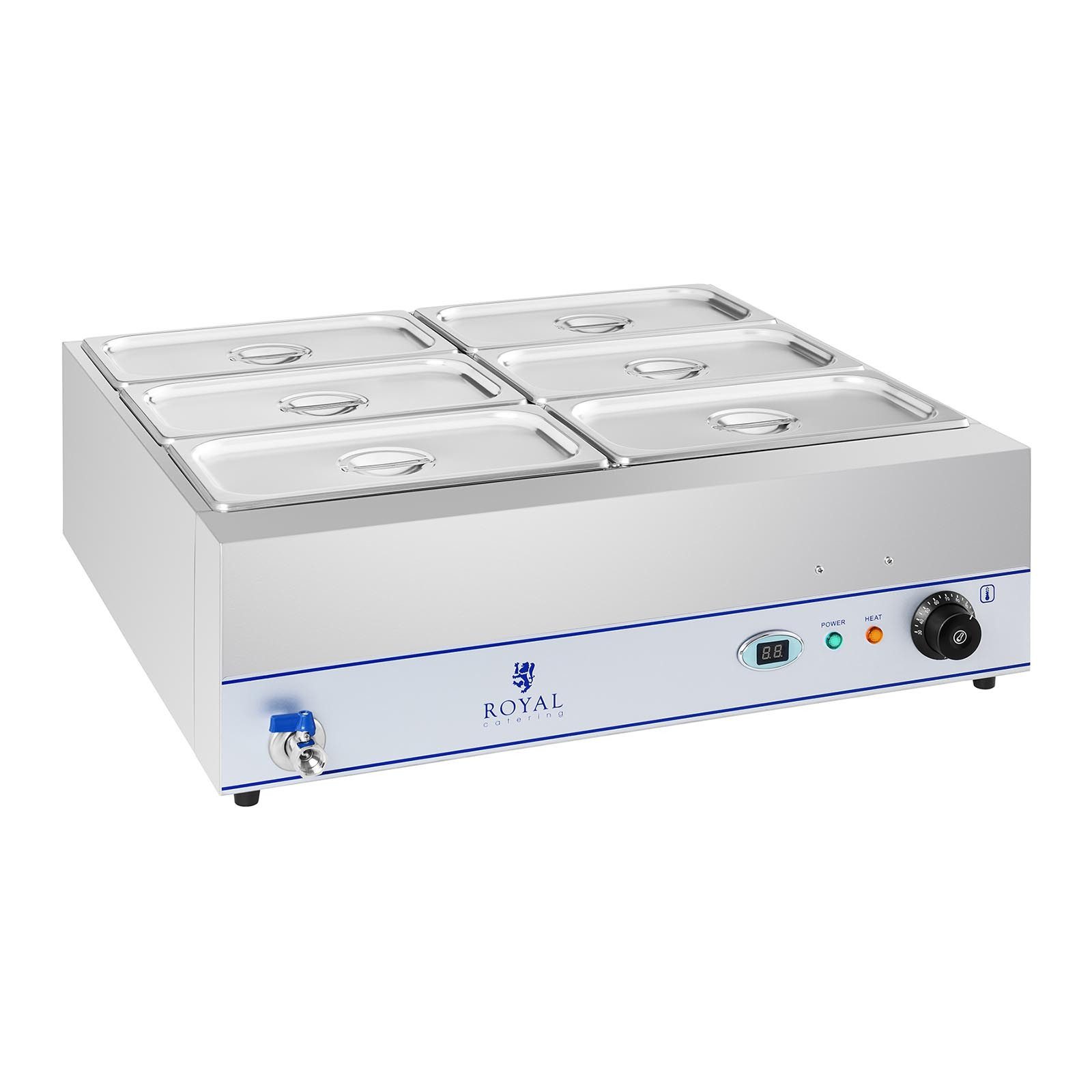 Royal Catering Speisenwärmer Bain Marie 2000 W 6x GN 1/3 Ablasshahn LCD