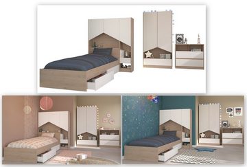 Parisot Jugendzimmer-Set Shelter, (Kinderzimmer Komplett-Set 6-teilig, weiß und Eiche), mit viel Stauraum