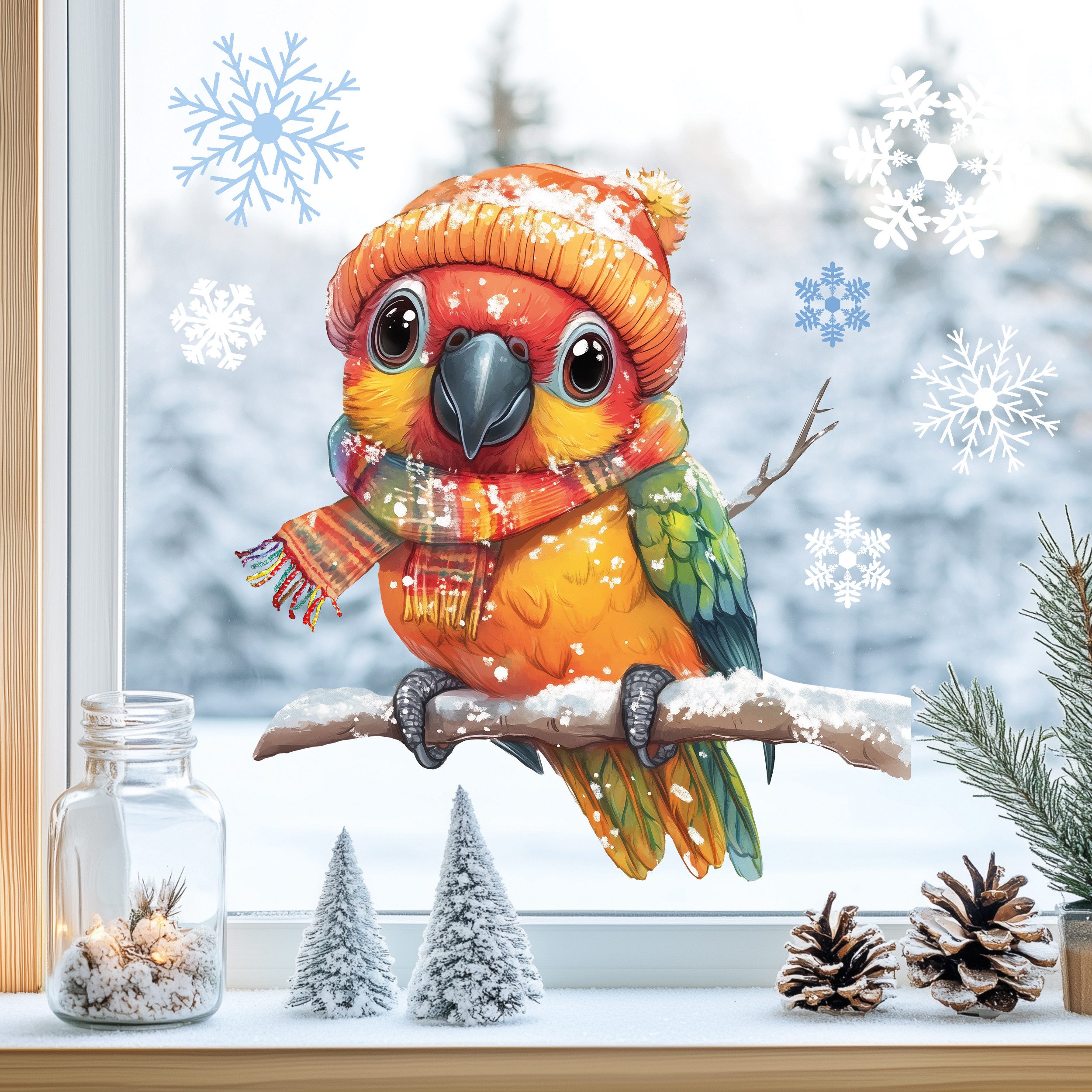 Sunnywall Fensterdekoration Kinderzimmer Fensterbild Winter Papagei mit Mütze und Schal, wiederverwendbar, statisch haftend, beidseitiger Druck